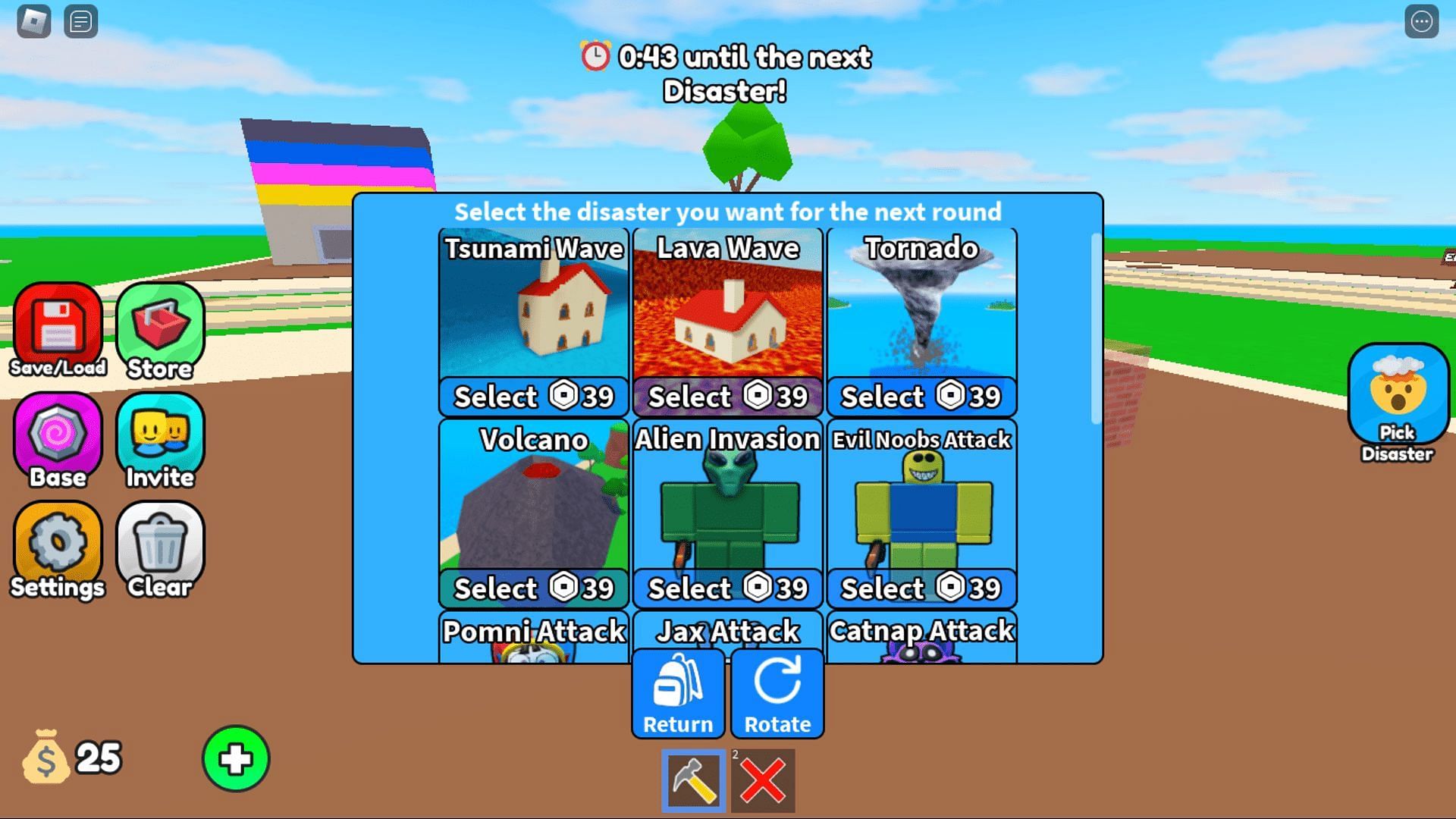 Pick Disaster Menu in Build to Survive the Disasters (Image via Roblox)