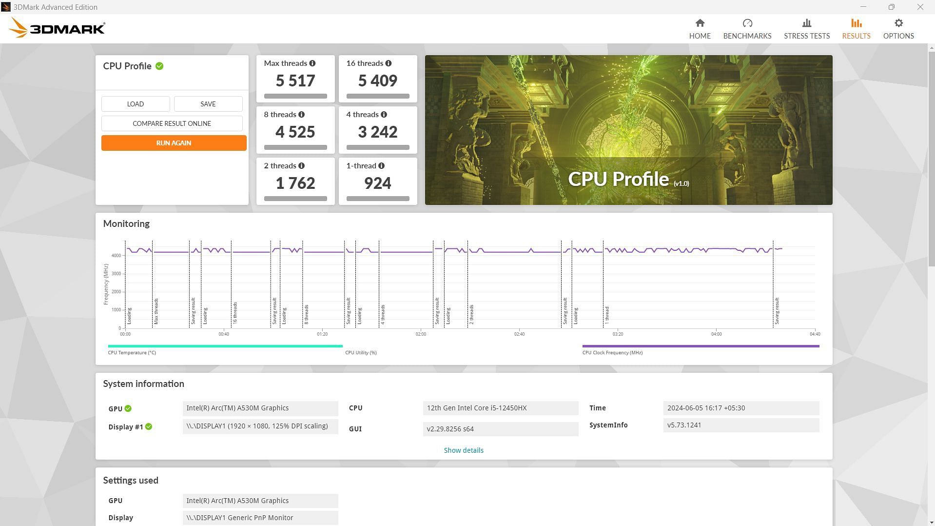 3DMark CPU benchmark results on the Core i5-12450HX (Image via Sportskeeda)