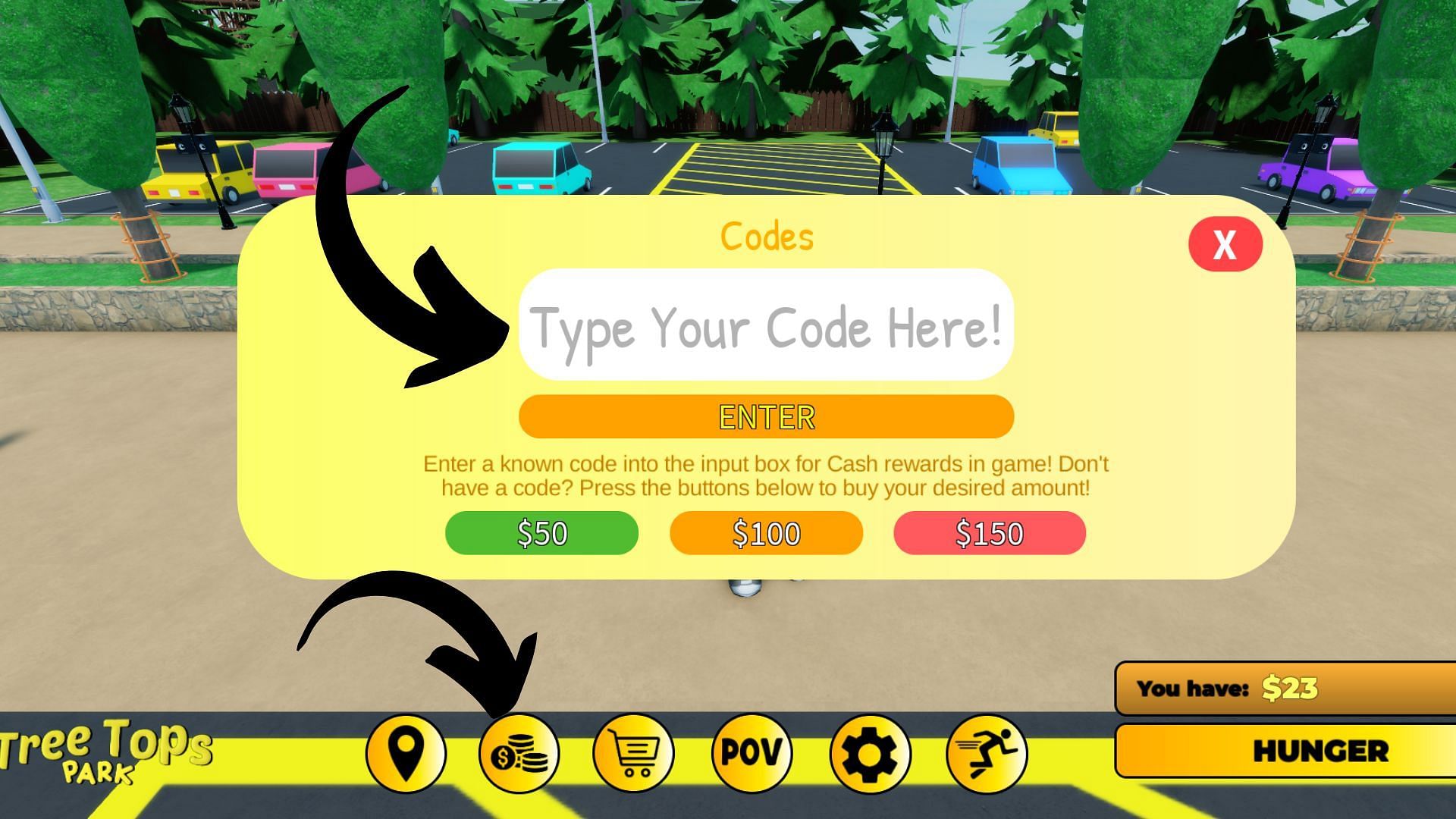 Redeem codes in Tree Tops Theme Park (Image via Roblox || Sportskeeda)