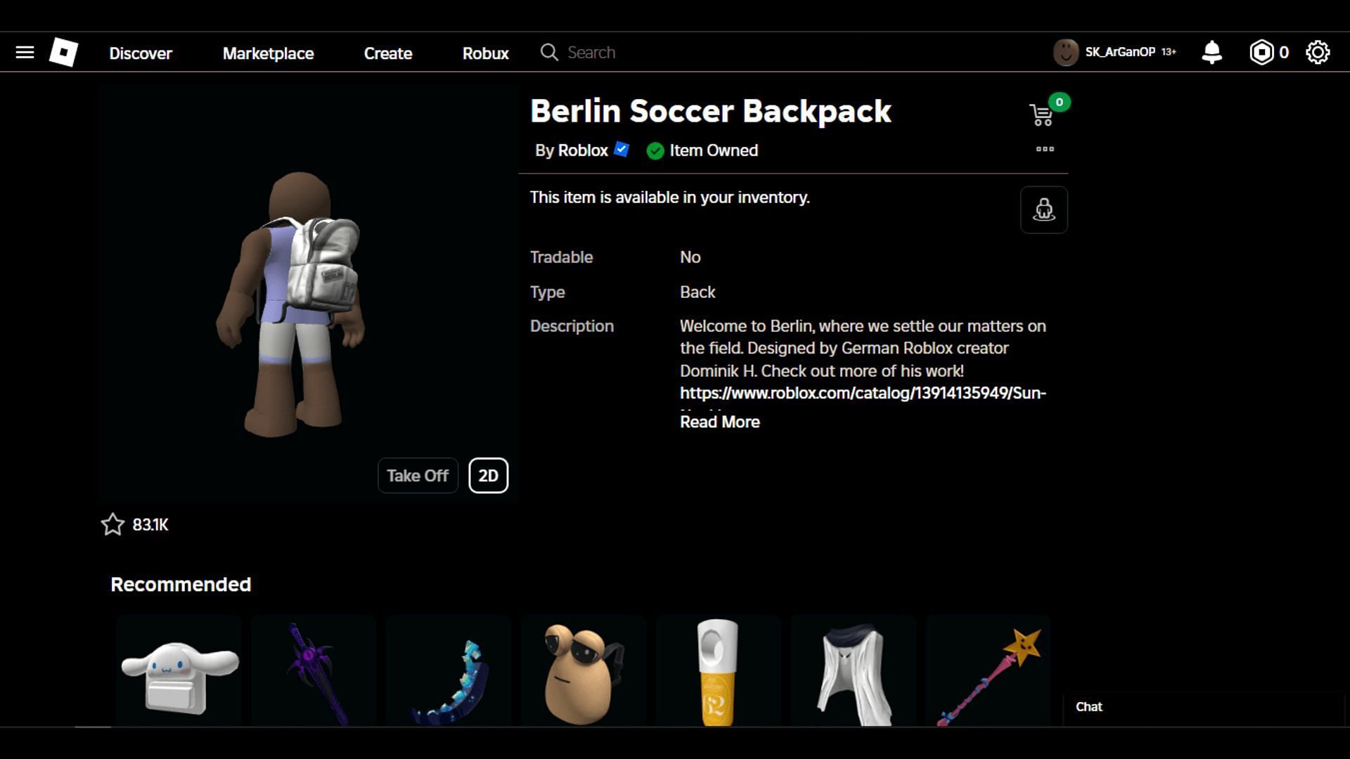 Berlin Soccer Backpack Roblox homepage (Image via Roblox)