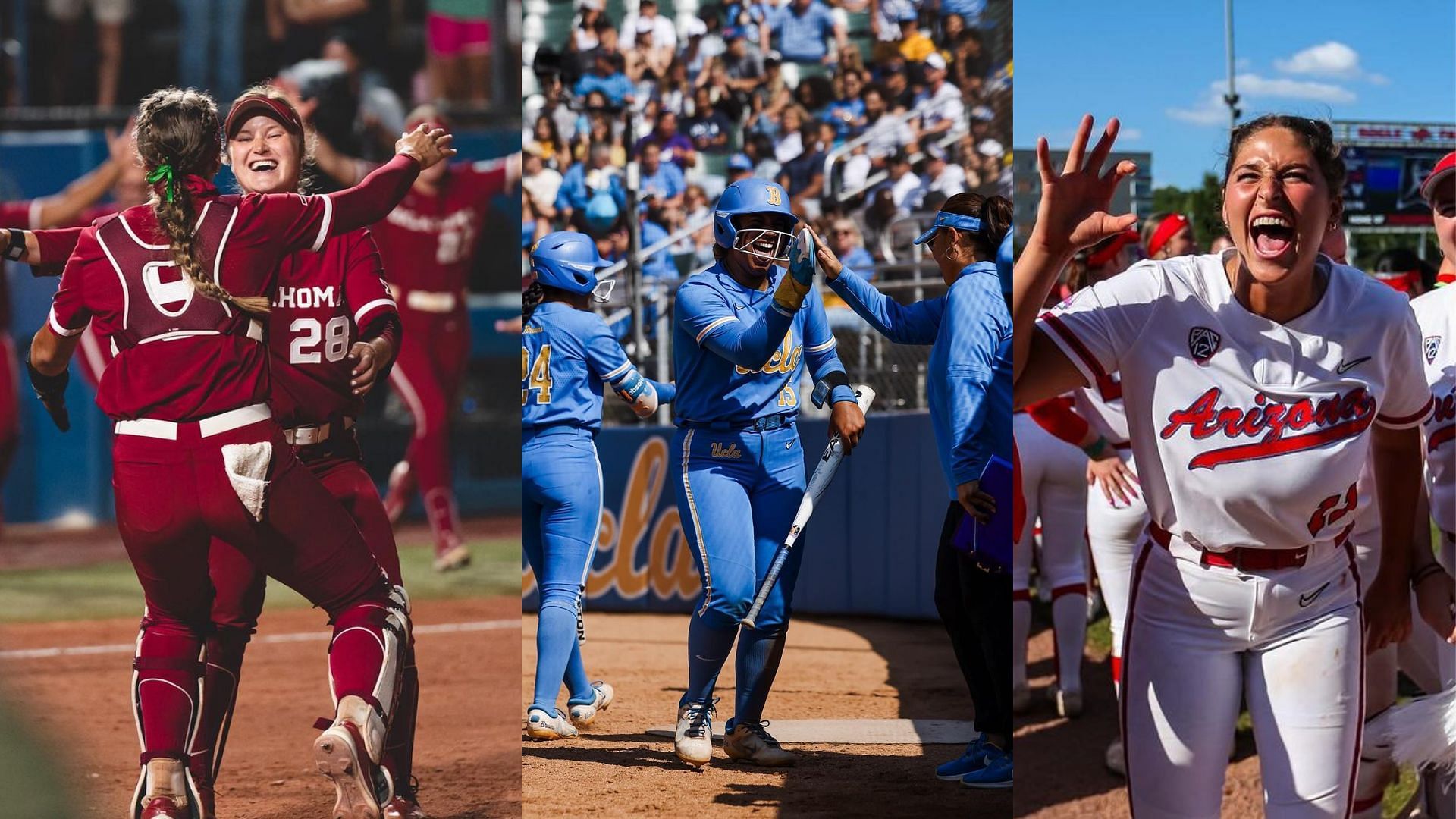 Arizona, Oklahoma and UCLA are the schools witht he most softball national titles/ Photos from the Instagram accounts of the University of Oklahoma, University of California/ Los Angeles and the University of Arizona