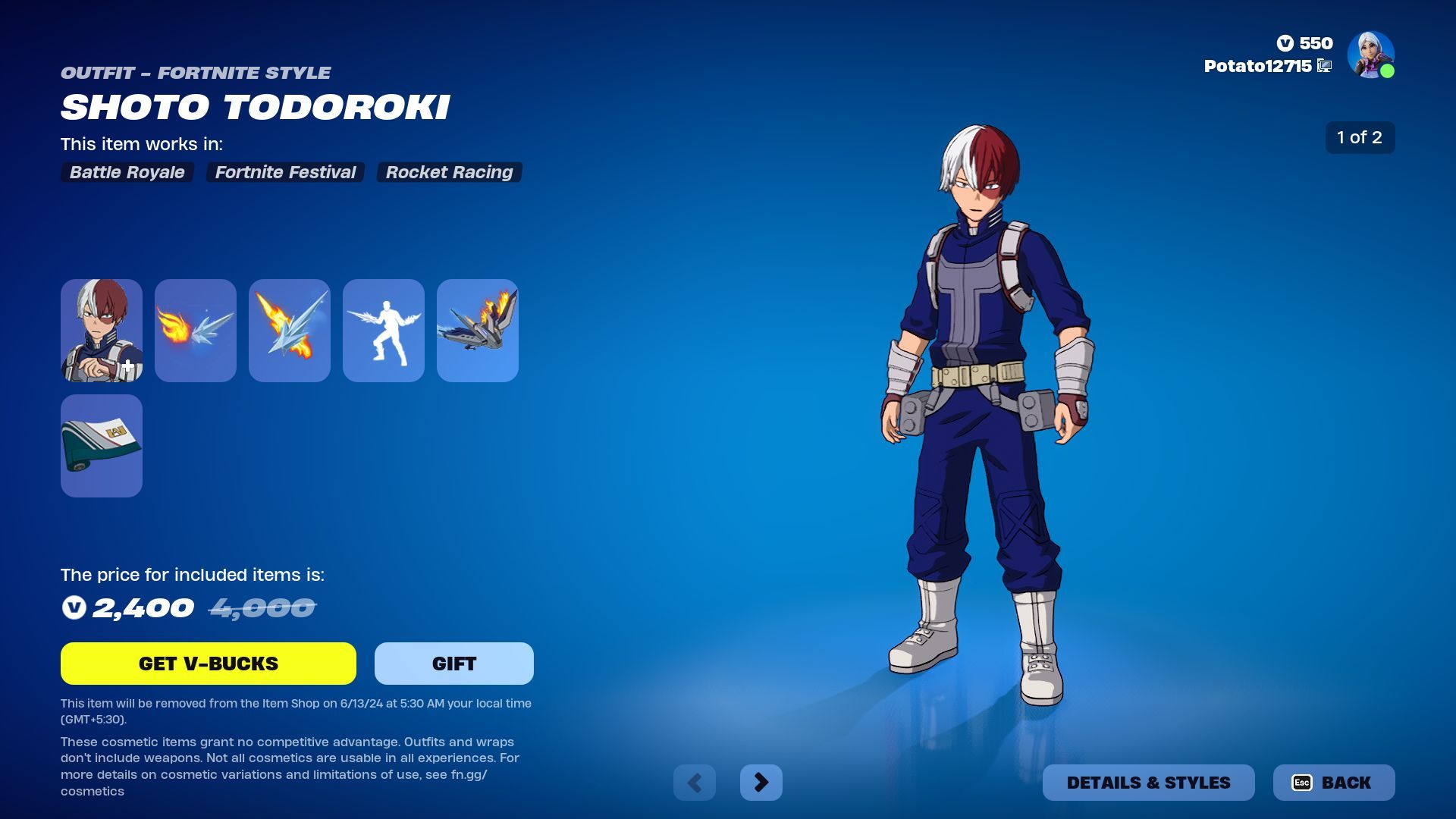 Shoto Todoroki (My Hero Academia) skin will remain listed until June 13, 2024 (Image via Epic Games)