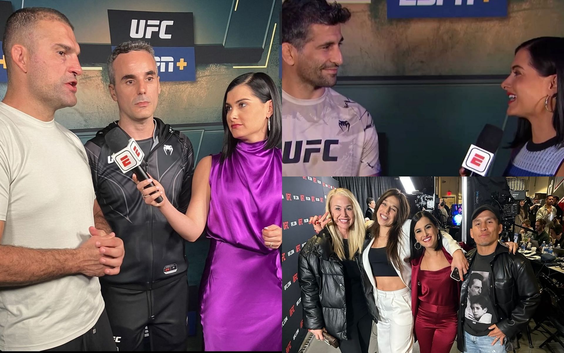 Megan Olivi can be seen interviewing Mauricio 'Shogun' Rua (far left) and Beneil Dariush (second from top right); Olivi poses with Joanna Jedrzejczyk (third from bottom right) and Olivi's husband Joseph Benavidez (first from bottom right)