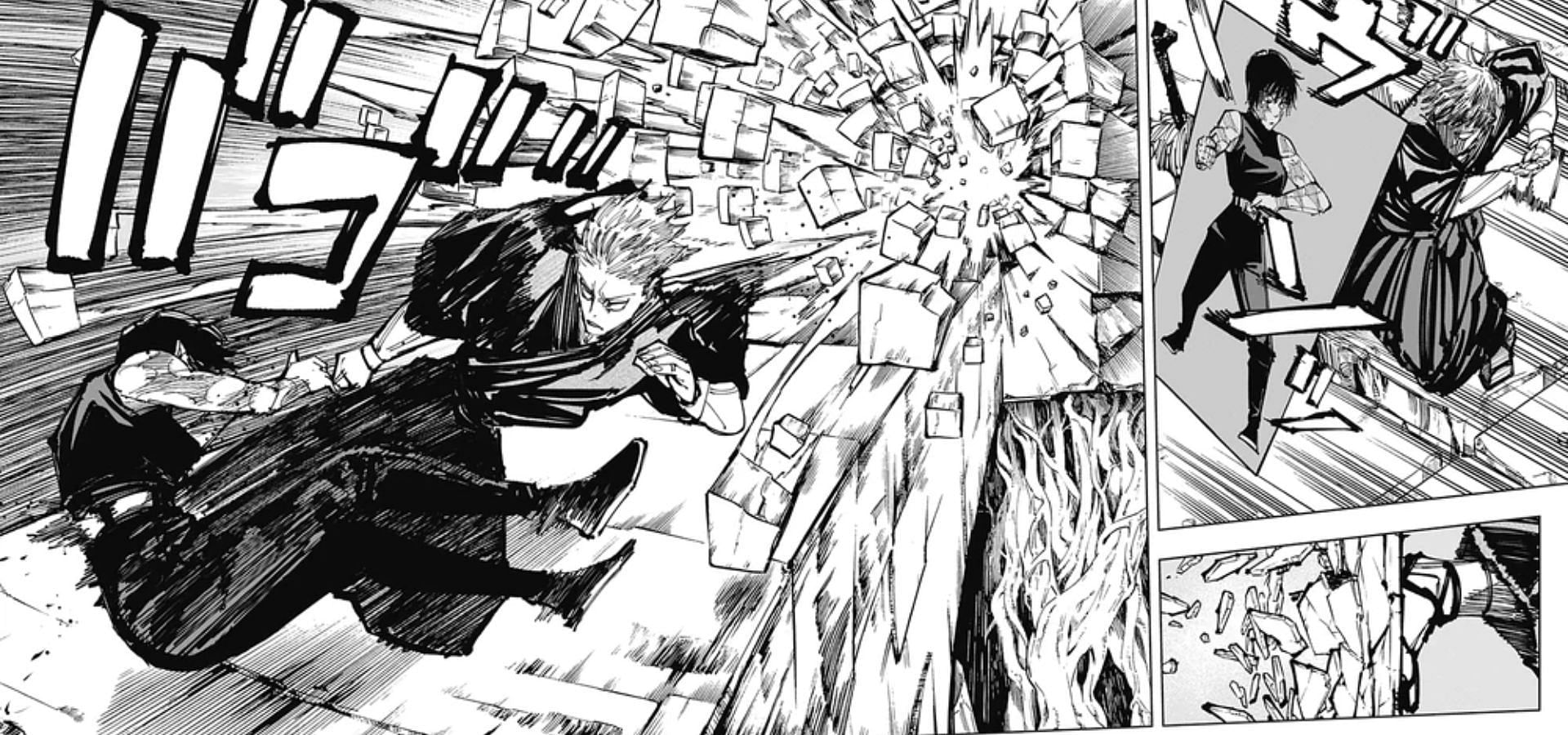 Naoya kicks Maki through a wall.(image via Shueisha)