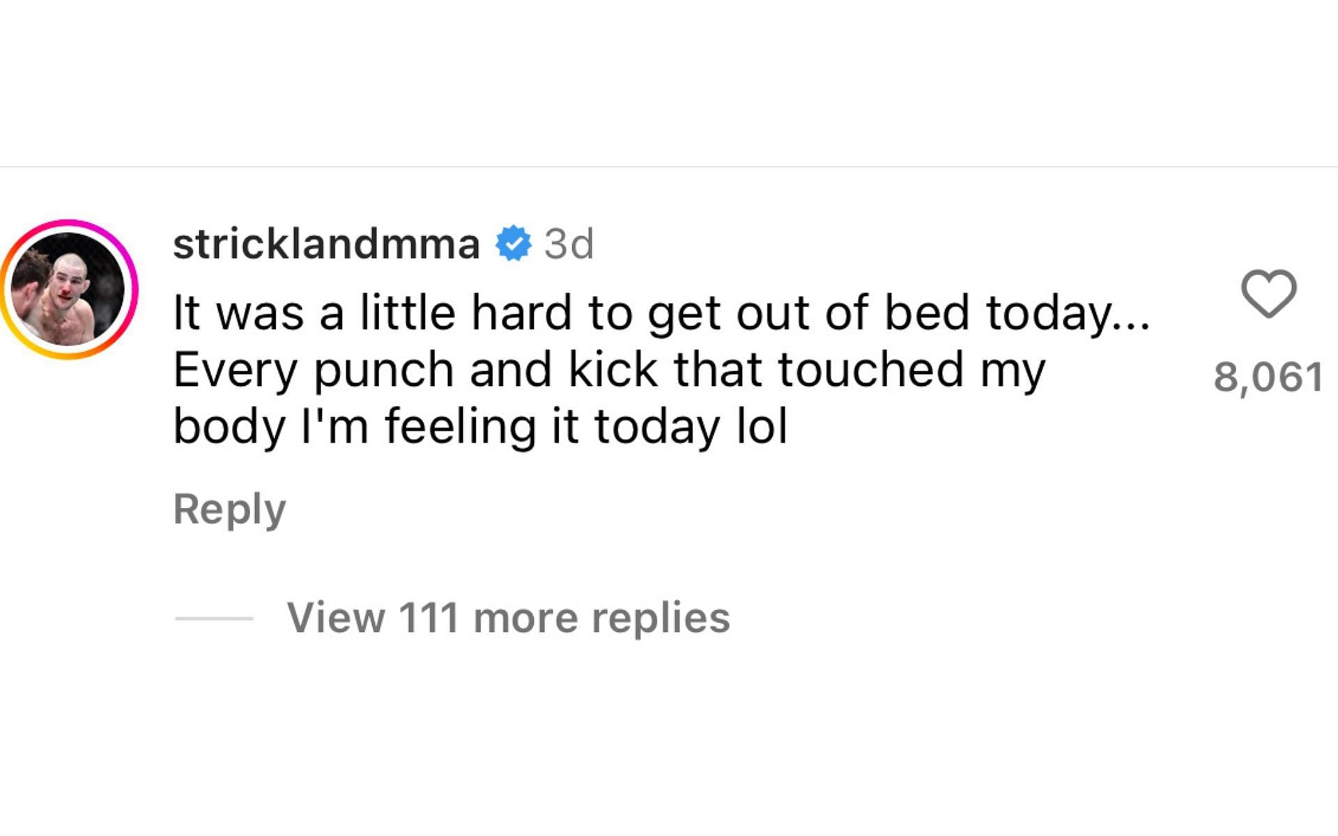 Strickland&#039;s Instagram comment