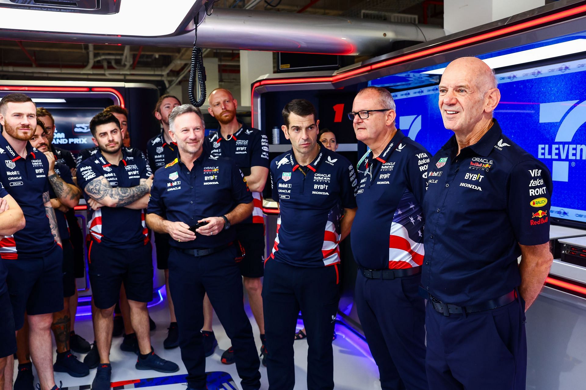 Adrian Newey, the Chief Technical Officer of Oracle Red Bull Racing talks to the team in the Oracle Red Bull Racing garage prior to practice ahead of the F1 Grand Prix of Miami at Miami International Autodrome on May 03, 2024 in Miami, Florida. (Photo by Mark Thompson/Getty Images)