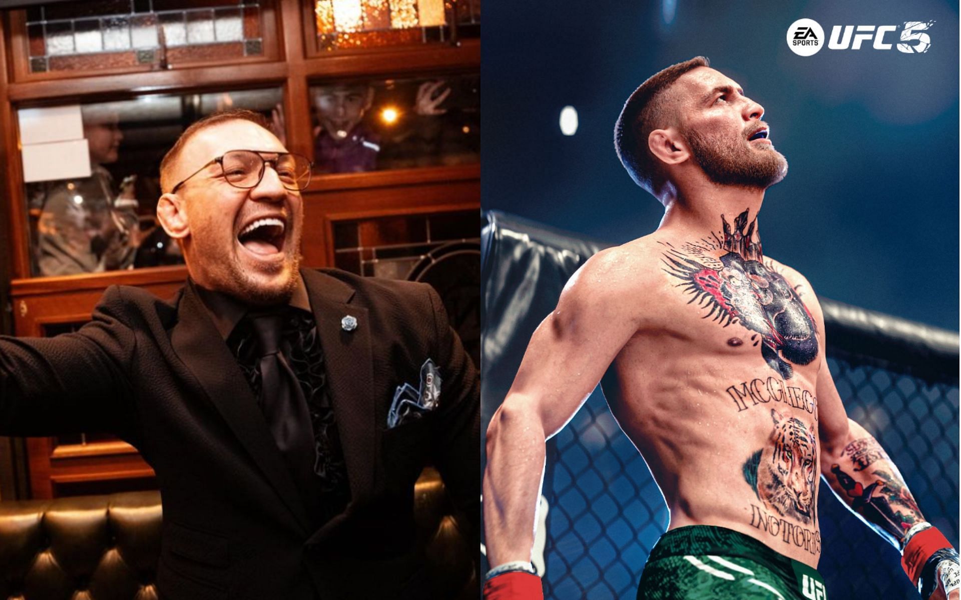 Conor McGregor (left) is happy with the new appearance upgrade of his character in EA Sports UFC 5 (right). [Image credit: @thenotoriousmma on Instagram, @EASPORTSUFC on X]