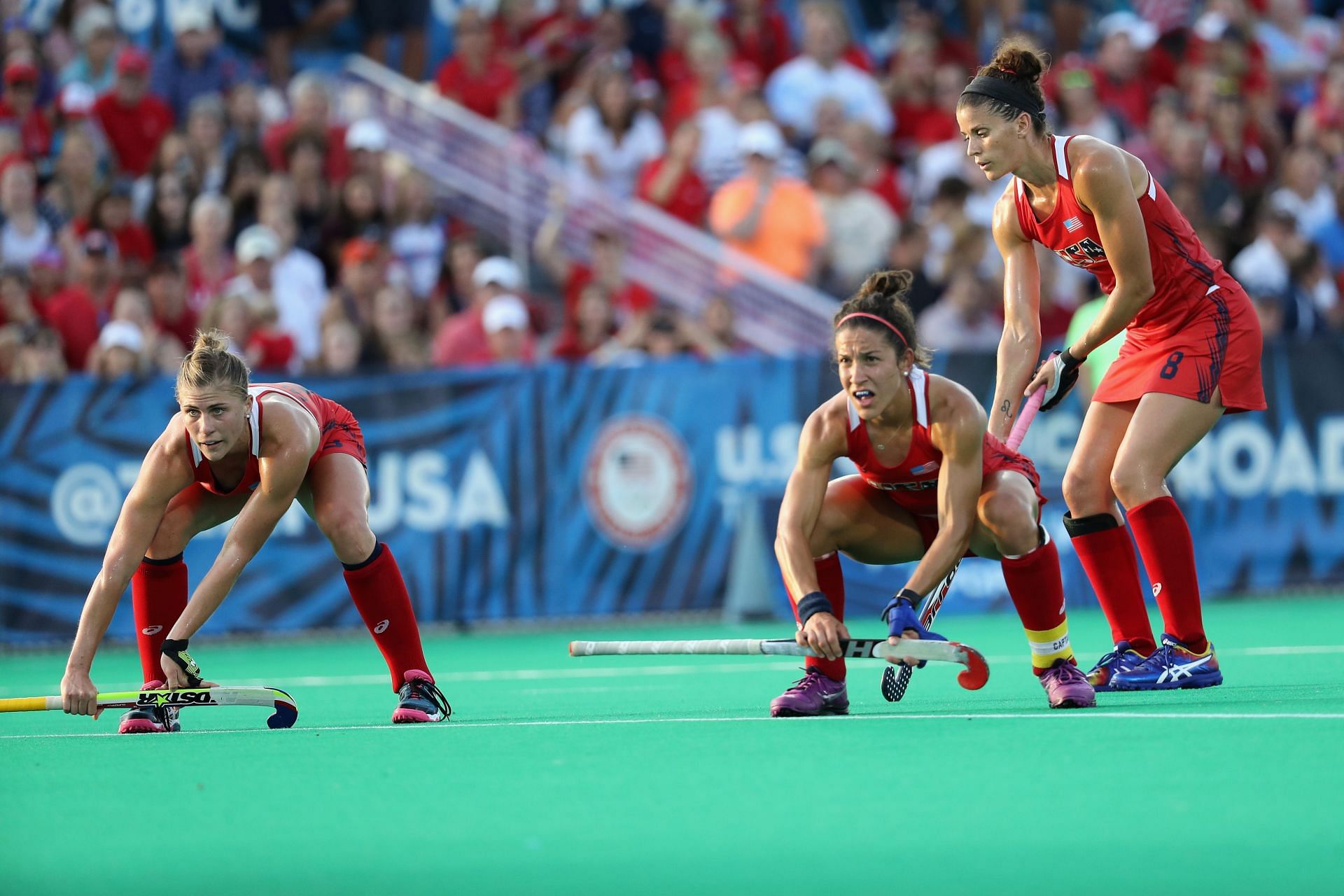 Team USA follows a penalty shot against Team India during a field hockey match in preparation for the upcoming Rio Olympics on July 18, 2016, in Manheim, Pennsylvania. (Photo by Rob Carr/Getty Images)