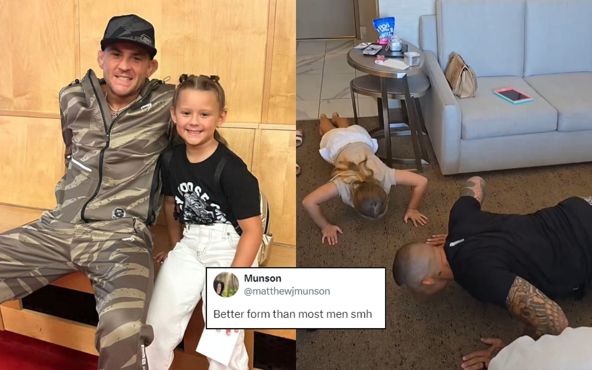 Fans react (insert) to Dustin Poirier (left-most) and his daughter Parker Noelle (second to the left) doing a push-up contest (right). [Image credit: @dustinpoirier on Instagram, @DustiinPoirier on X]