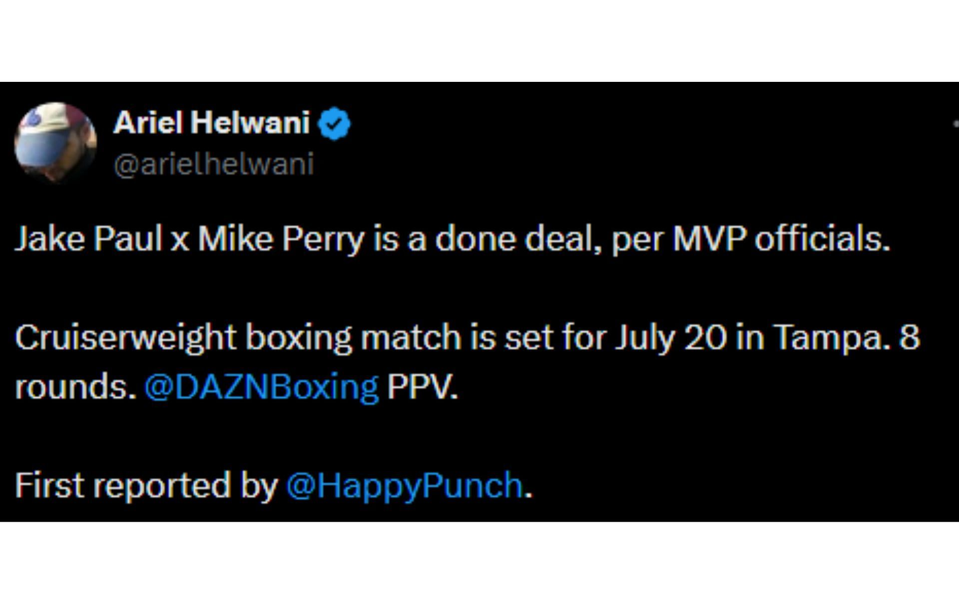 Helwani&#039;s tweet regarding Paul vs. Perry [Image courtesy: @arielhelwani - X]