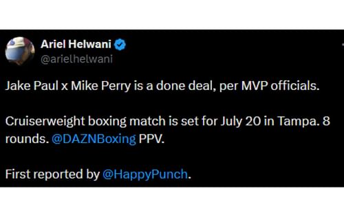 Helwani's tweet regarding Paul vs. Perry [Image courtesy: @arielhelwani - X]