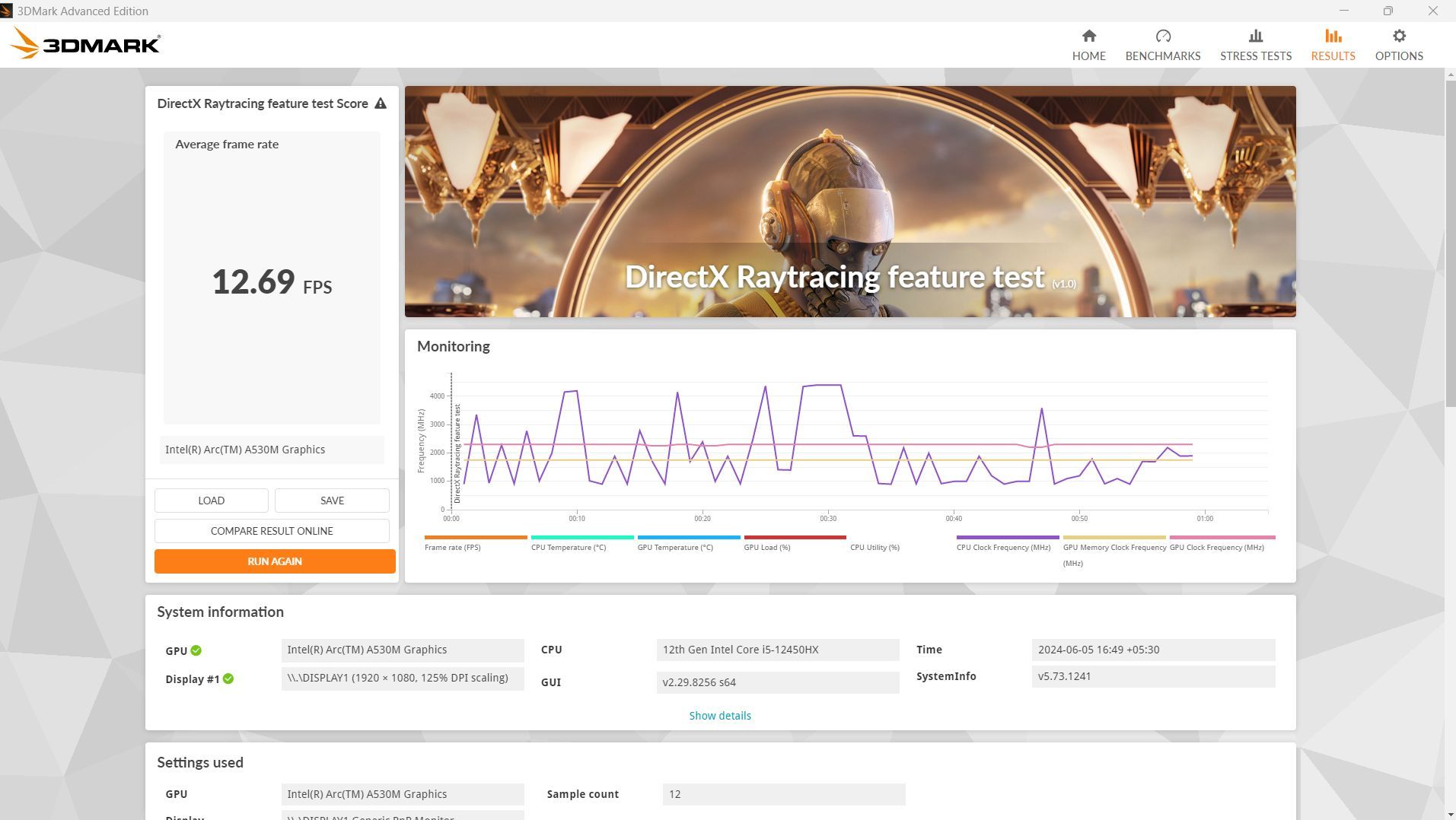 DXR benchmark results on the Arc A530M (Image via Sportskeeda)