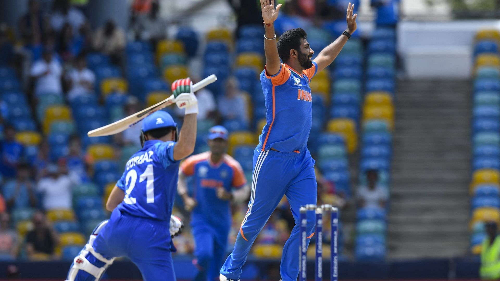Jasrit Bumrah celebrates after dismissing Gurbaz (P.C.:ICC)
