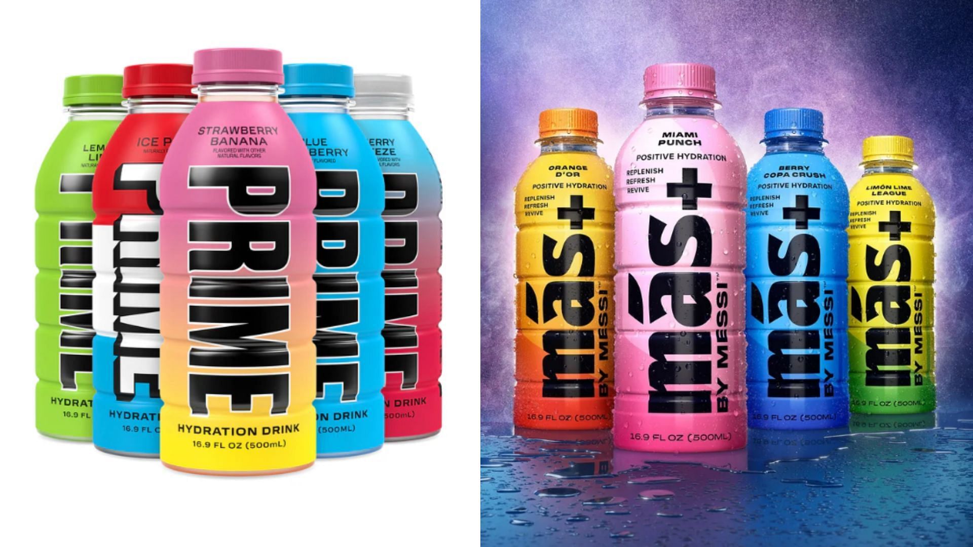 Comparison between Prime and Mas+ (Images via drinkprime.com &amp; masbymessi.com)