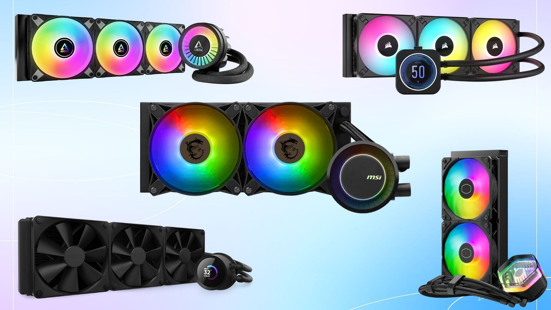 The best AIO coolers for CPUs in 2024 (Image via Corsair, NZXT, ARCTIC, MSI, Cooler Master)