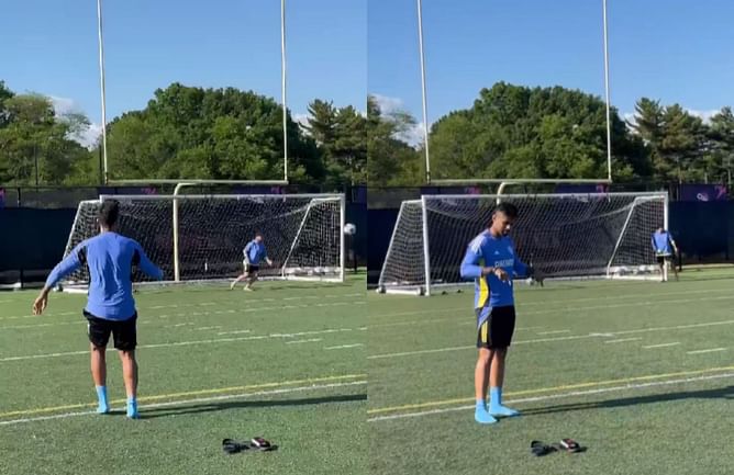 [Watch] Suryakumar Yadav hits a goal with Kuldeep Yadav as goalkeeper; celebrates it with a special gesture