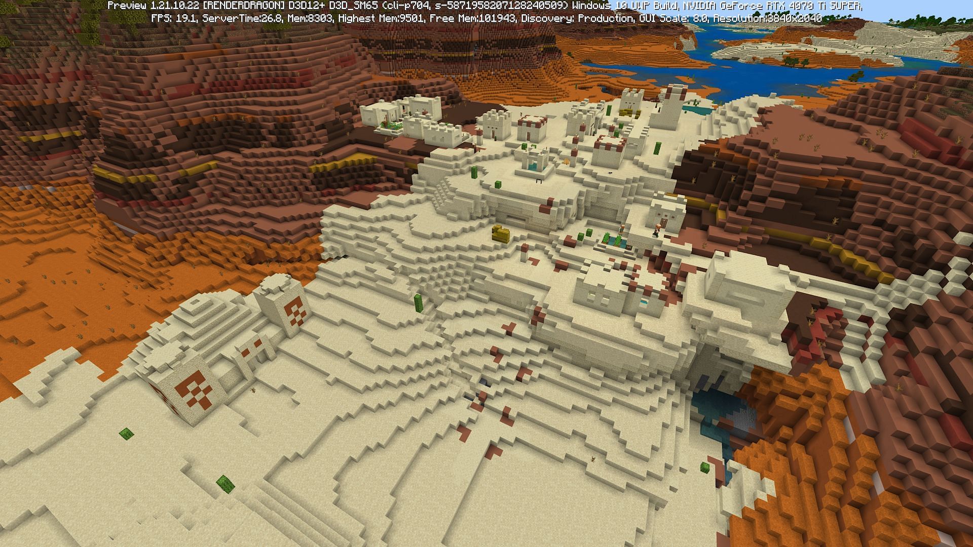 A desert village and desert temple found in the seed&#039;s desert badlands (Image via Mojang)