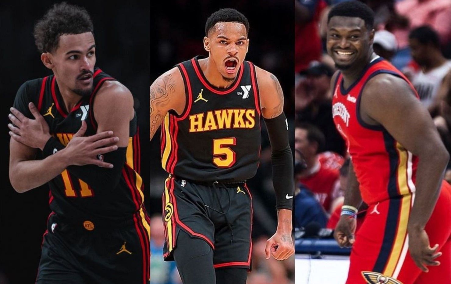 Report says New Orleans Pelicans looking at pairing Trae Young or Dejounte Murray up with All-Star Zion Williamson. (Photos from X pages of Atlanta Hawks and New Orleans Pelicans)