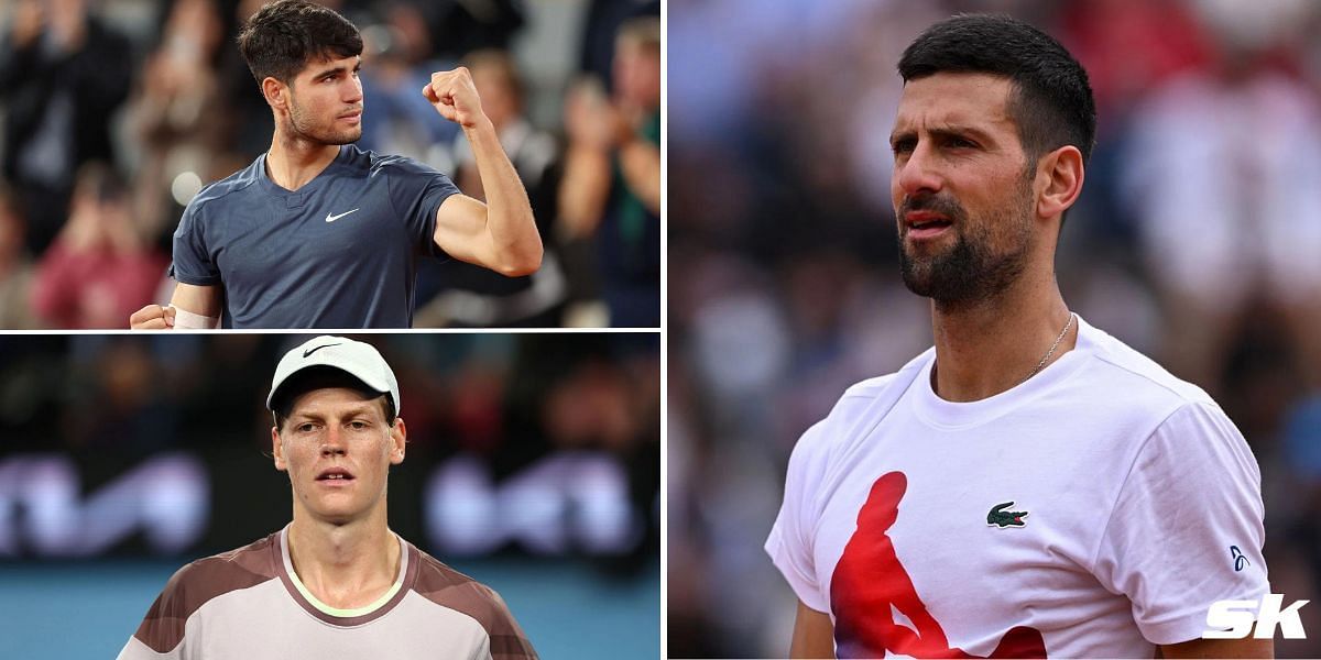 Carlos Alcaraz (L top), Jannik Sinner (L bottom), Novak Djokovic (R)