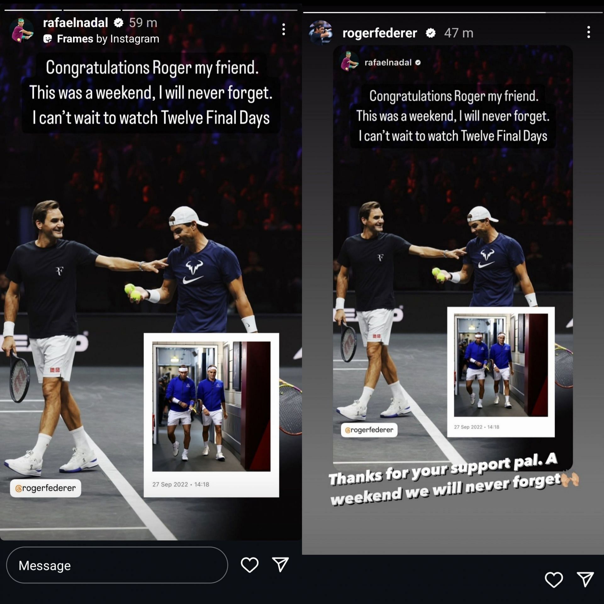 Screen grab of Rafael Nadal &amp; Roger Federer&#039;s Instagram stories
