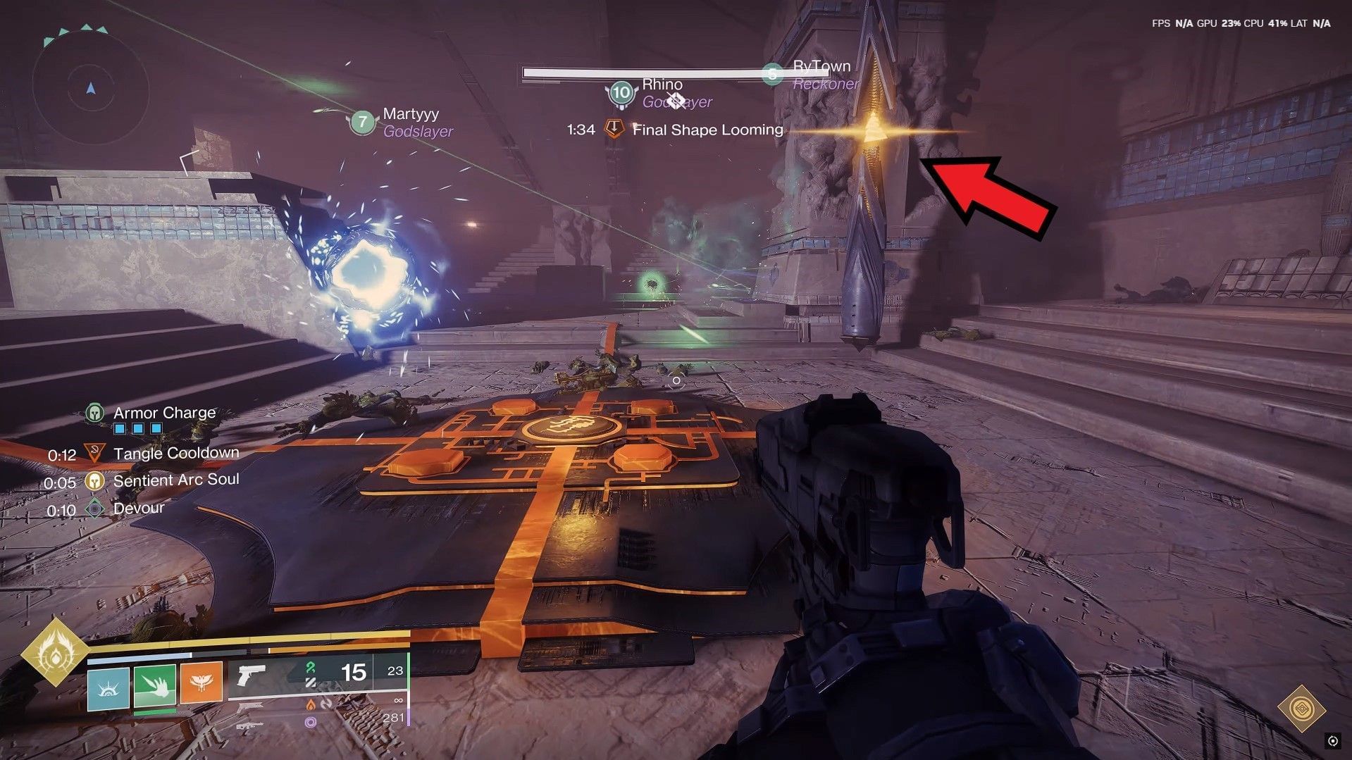 Resonance pillar marked with an arrow in Destiny 2 Salvation&#039;s Edge (Image via Bungie/@Esoterickk, YouTube)