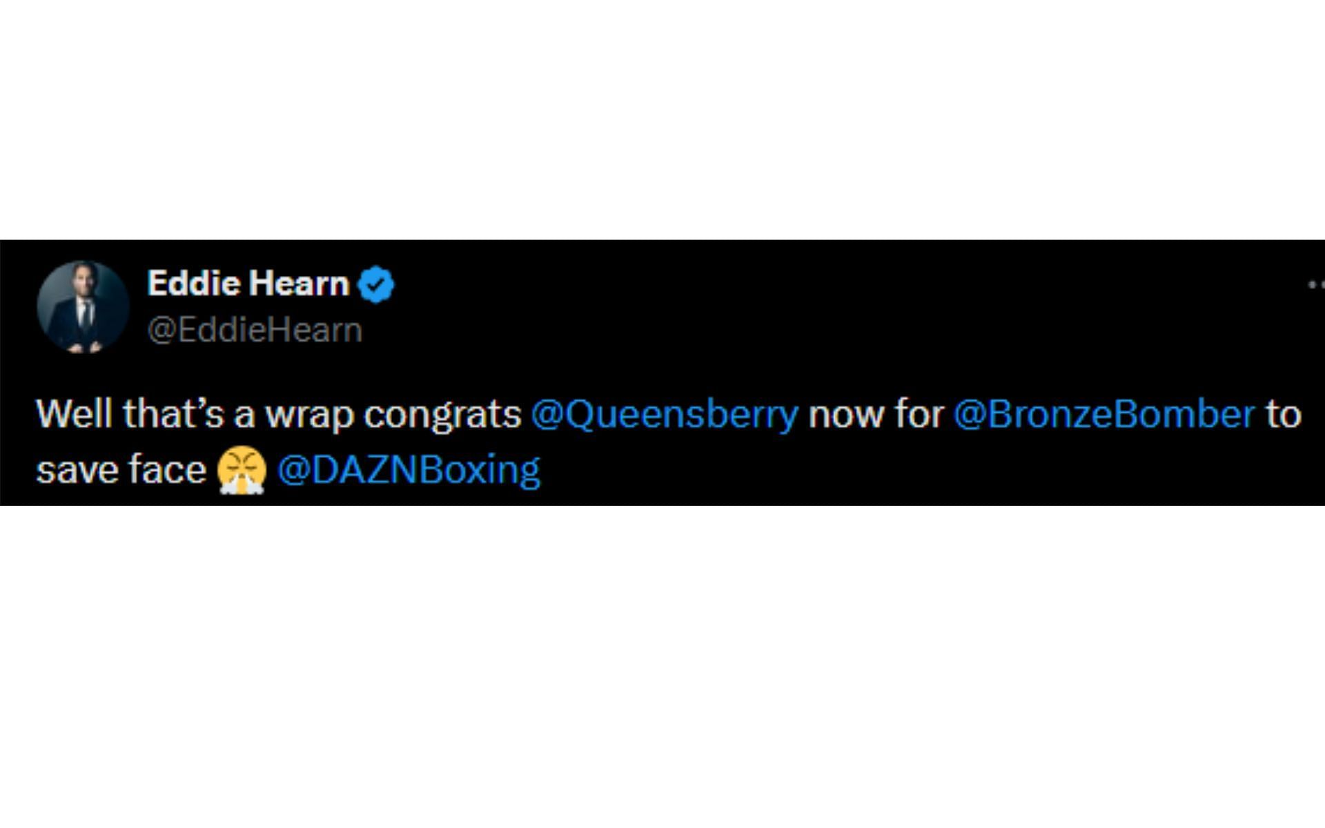 Hearn&#039;s tweet regarding 5 vs. 5 loss to Queensbury [Image courtesy: @EddieHearn - X]