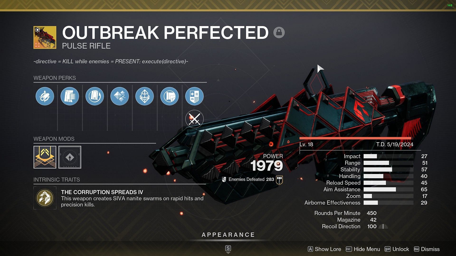 Outbreak Perfected Pulse Rifle in Destiny 2 (Image via Bungie)