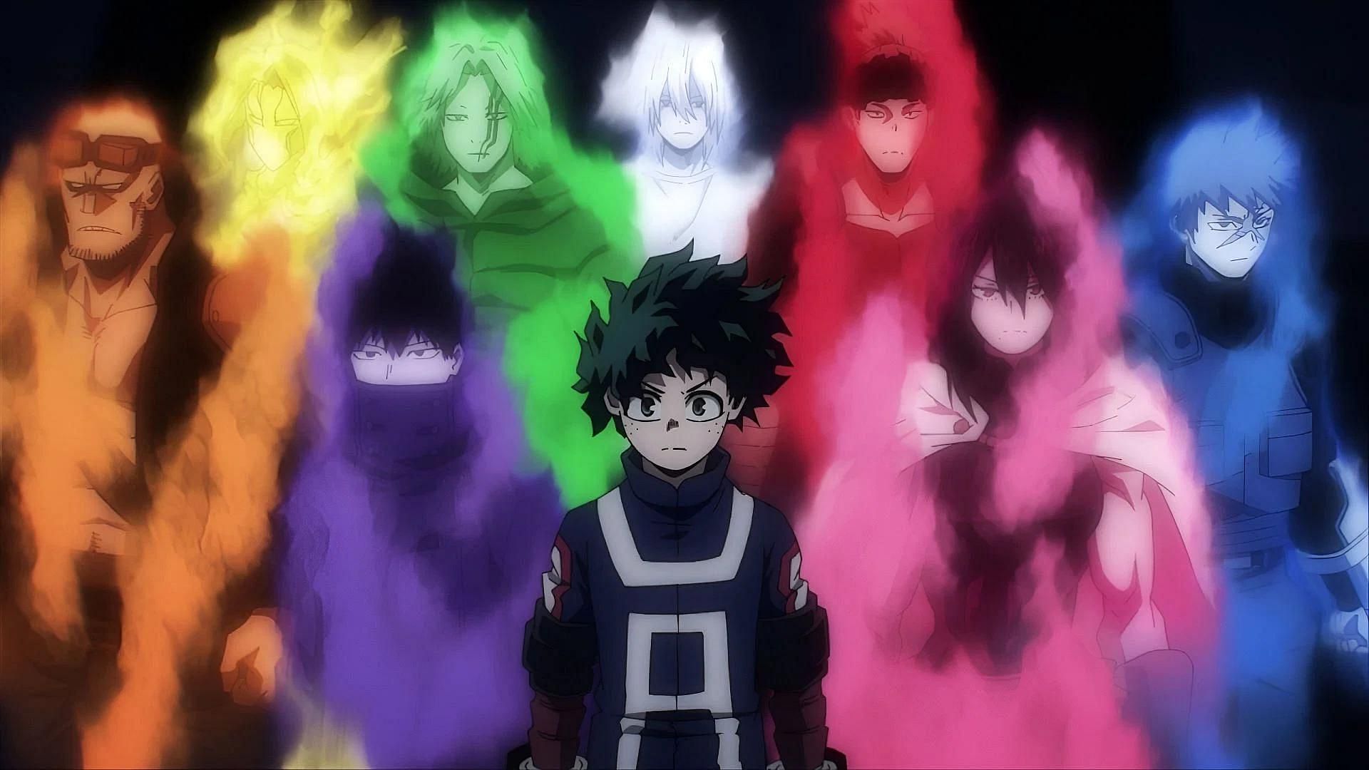 Izuku and all of the previous One For All holders as shown in the anime (Image via Bones)