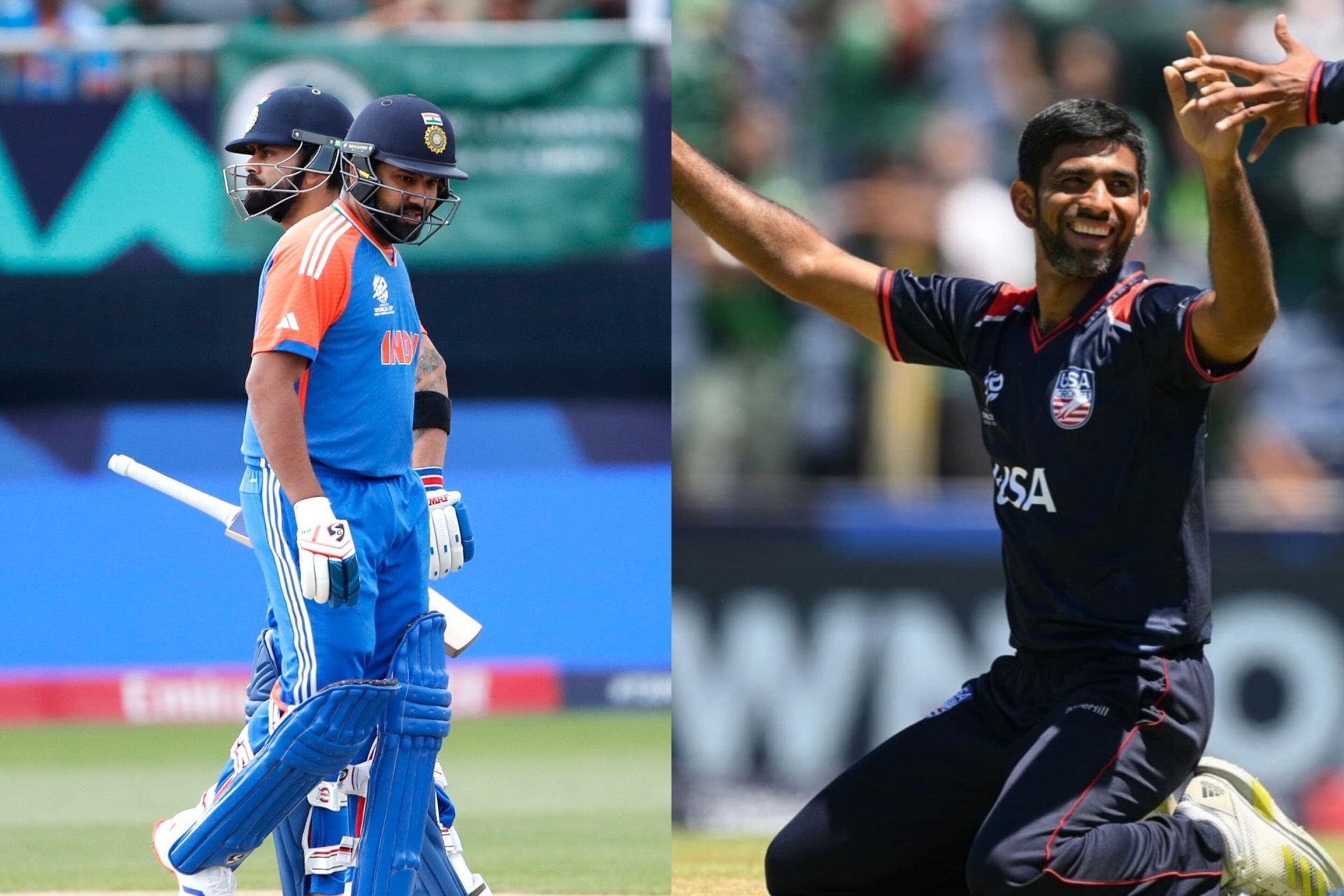 Virat Kohli &amp; Rohit Sharma (L) and Saurabh Netravalkar (R) (Image via Instagram/ @indiancricketteam and @t20worldcup)&nbsp;