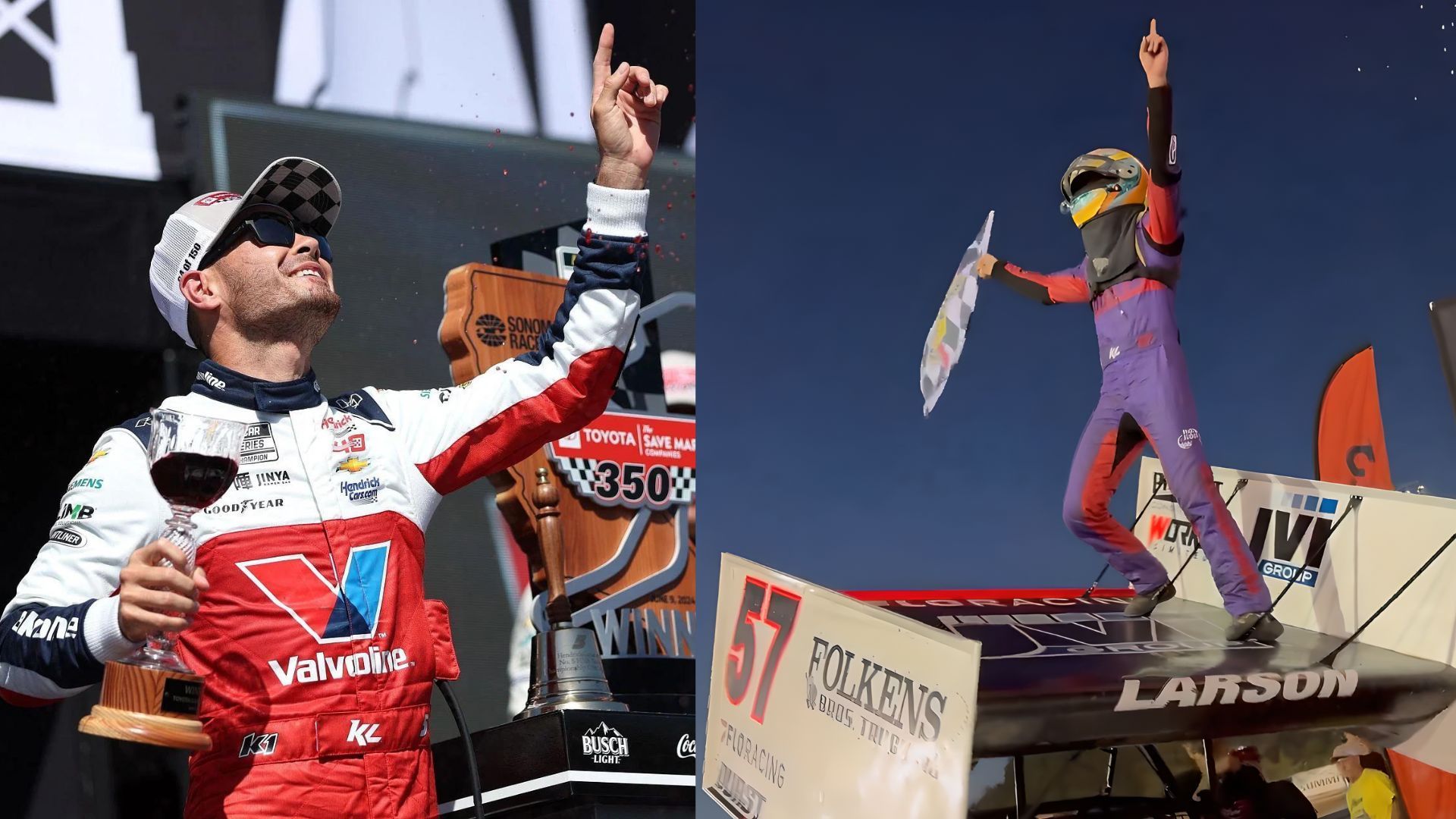 Kyle Larson heads to High Limit Racing victory (R) after etching third Cup Series win of the season at Sonoma (R) (Image: Getty and High Limit Racing on X)