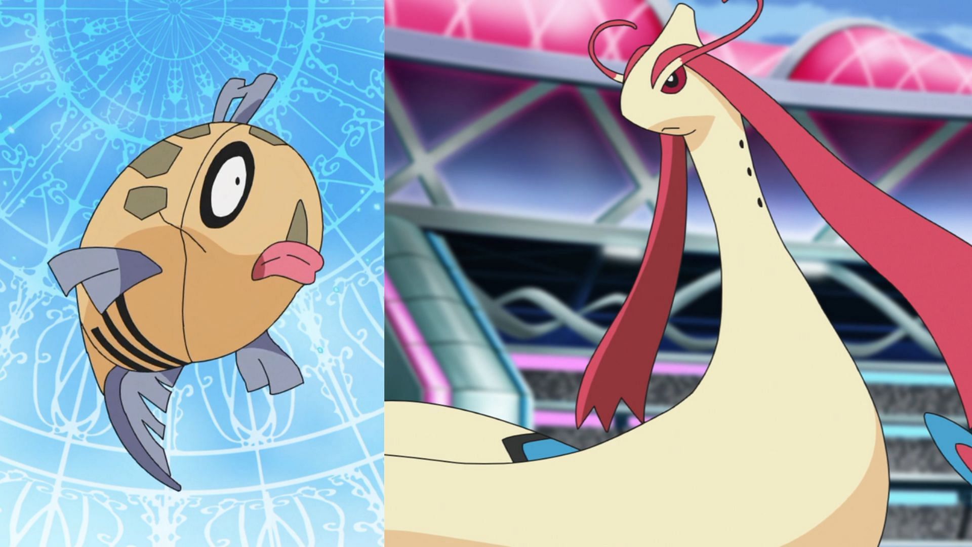 Feebas and Milotic as seen in the anime (Image via TPC)