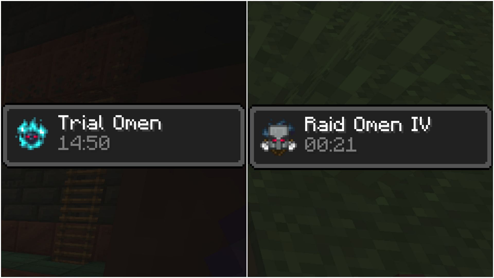 Raid omen and trial omen whenever a player either enters a village or approaches a trial spawned, respectively. (Image via Mojang Studios)