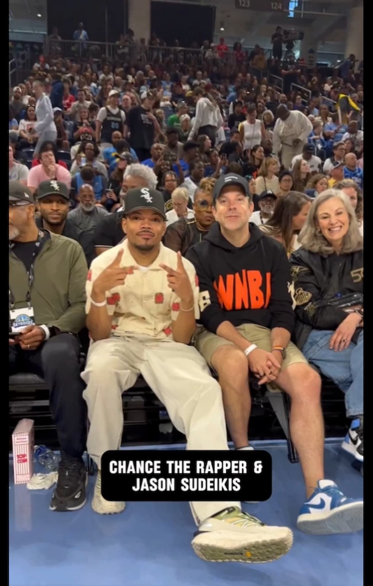 Chance the Rapper and Jason Sudeikis at the Sky vs Fever game (Image via WNBA&#039;s X account)