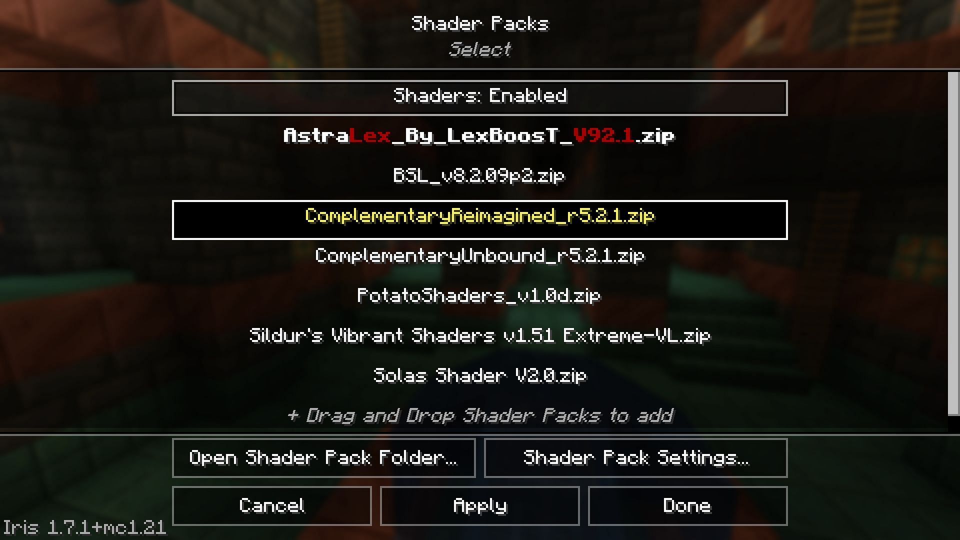 Iris Shaders mod&#039;s shader selection screen (Image via Mojang)