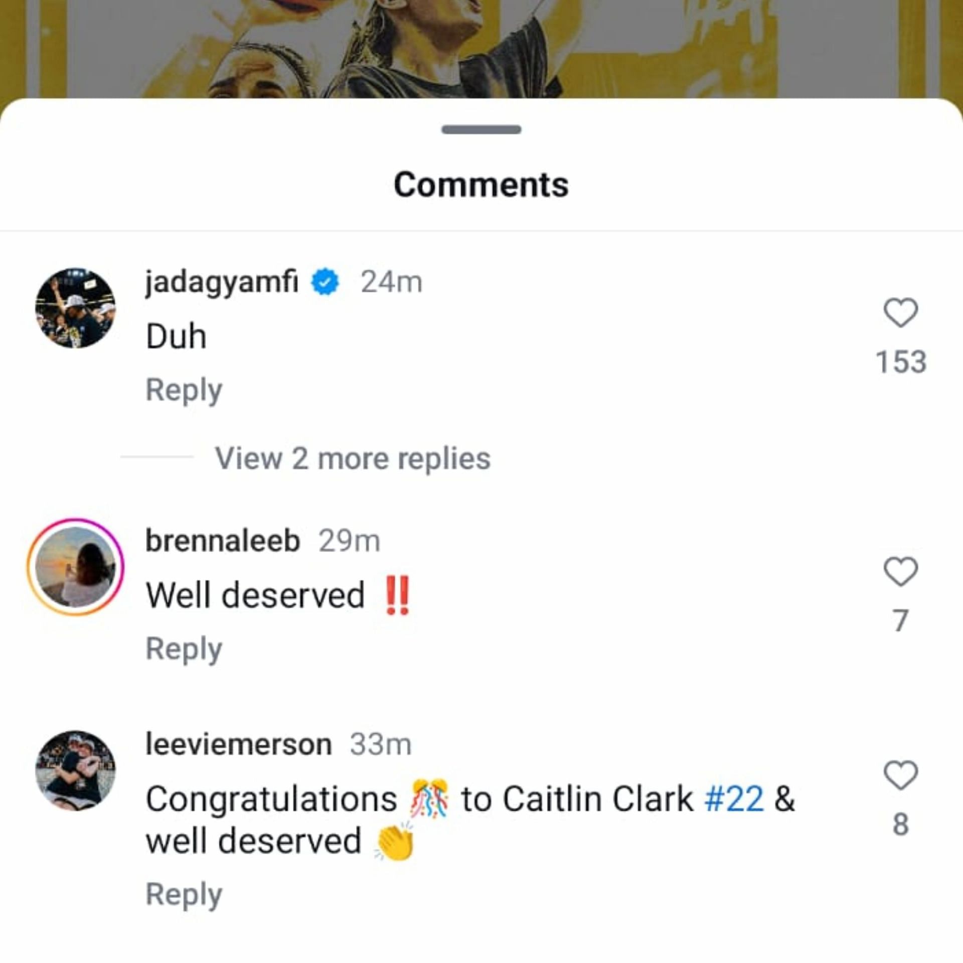 Jada Gymafi reacts to Clark winning Female Athlete of the Year (Credit: Instagram/@iowawbb)