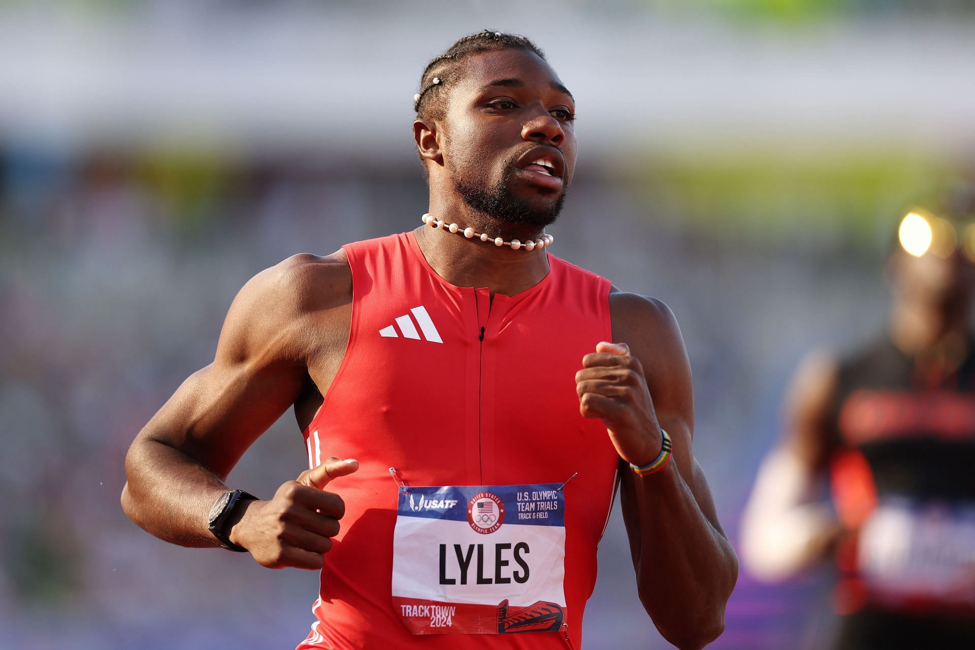 Noah Lyles in the men&#039;s 100 meter semi-final at 2024 U.S. Olympic Team Trials Track &amp; Field. (Photo by Patrick Smith/Getty Images)