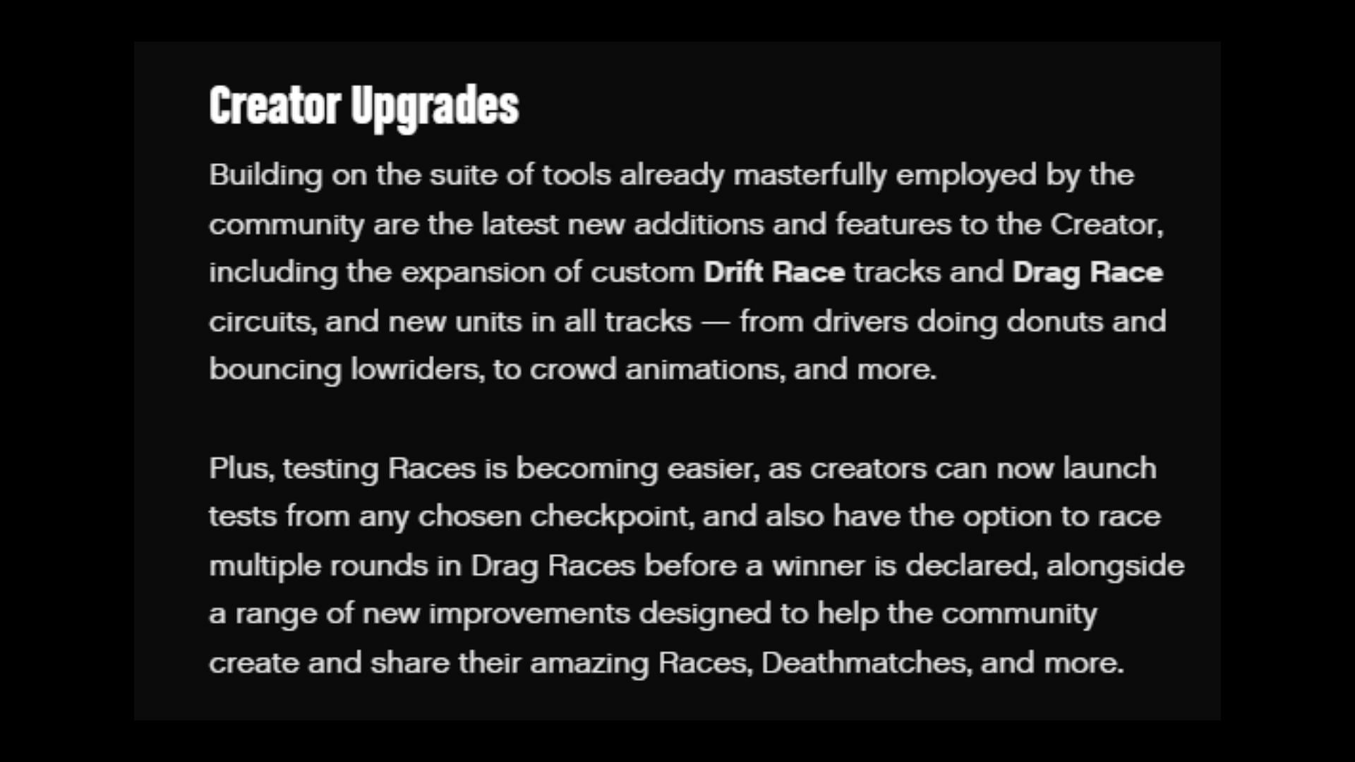 Description of upcoming Creator upgrades (Image via Rockstar Games)
