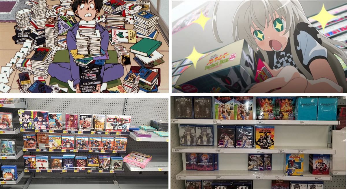 Examples of physical collections in anime and reality (Image via Studio Gainax, Xebec, X user @MinistryofOtaku, Target)