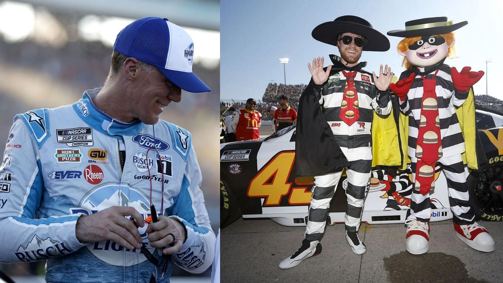 Kevin Harvick (L) reacts to Tyler Reddick