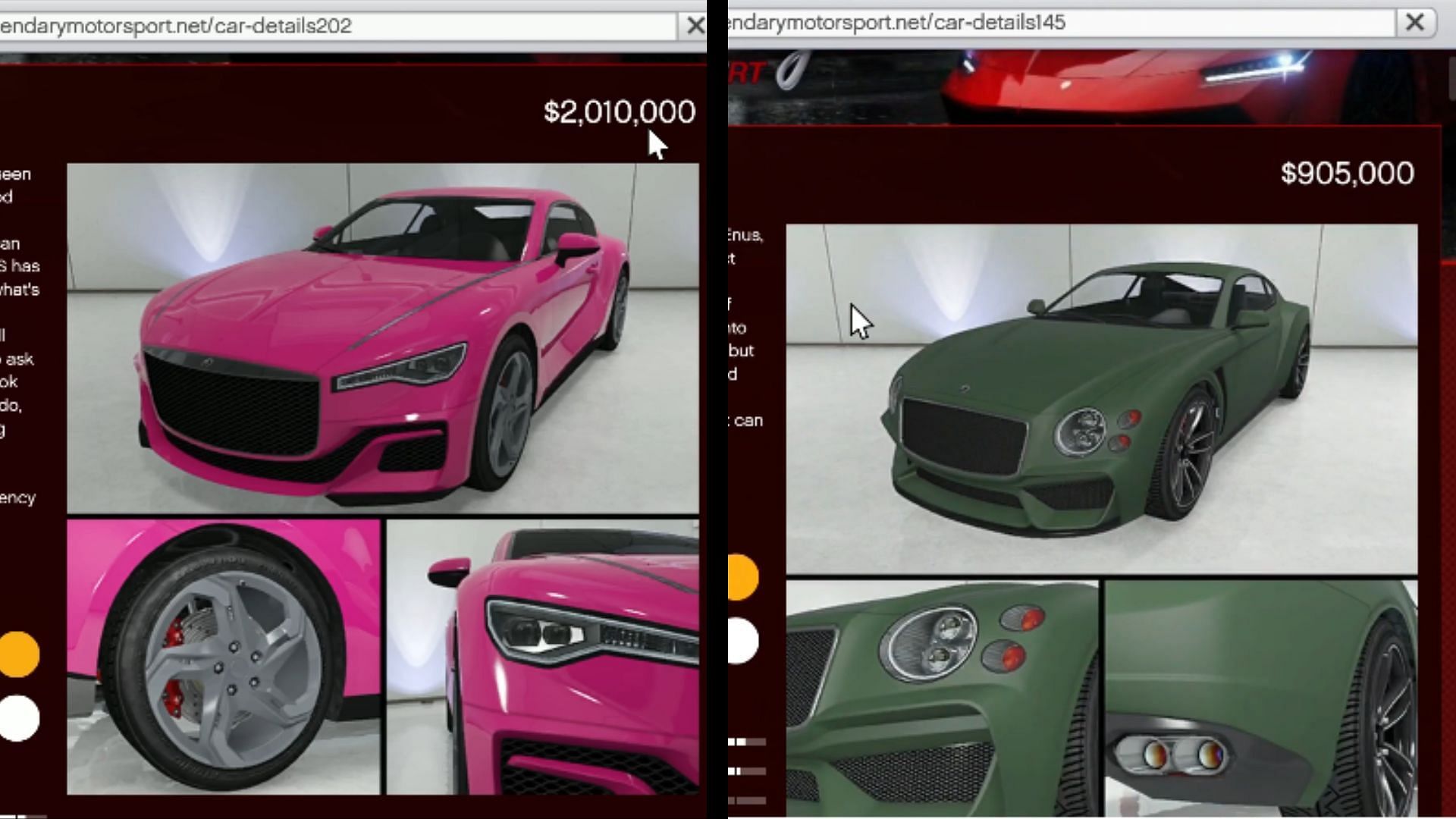 Enus Paragon S and R&#039;s sale pages on left and right, respectively (Image via YouTube/Digital Car Addict)