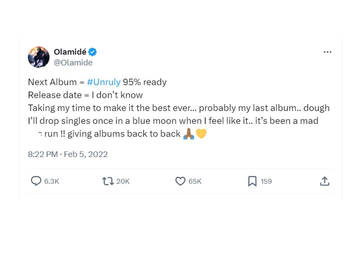 The rapper&#039;s tweet announcing Unruly as last album (Image via X/ @Olamide)