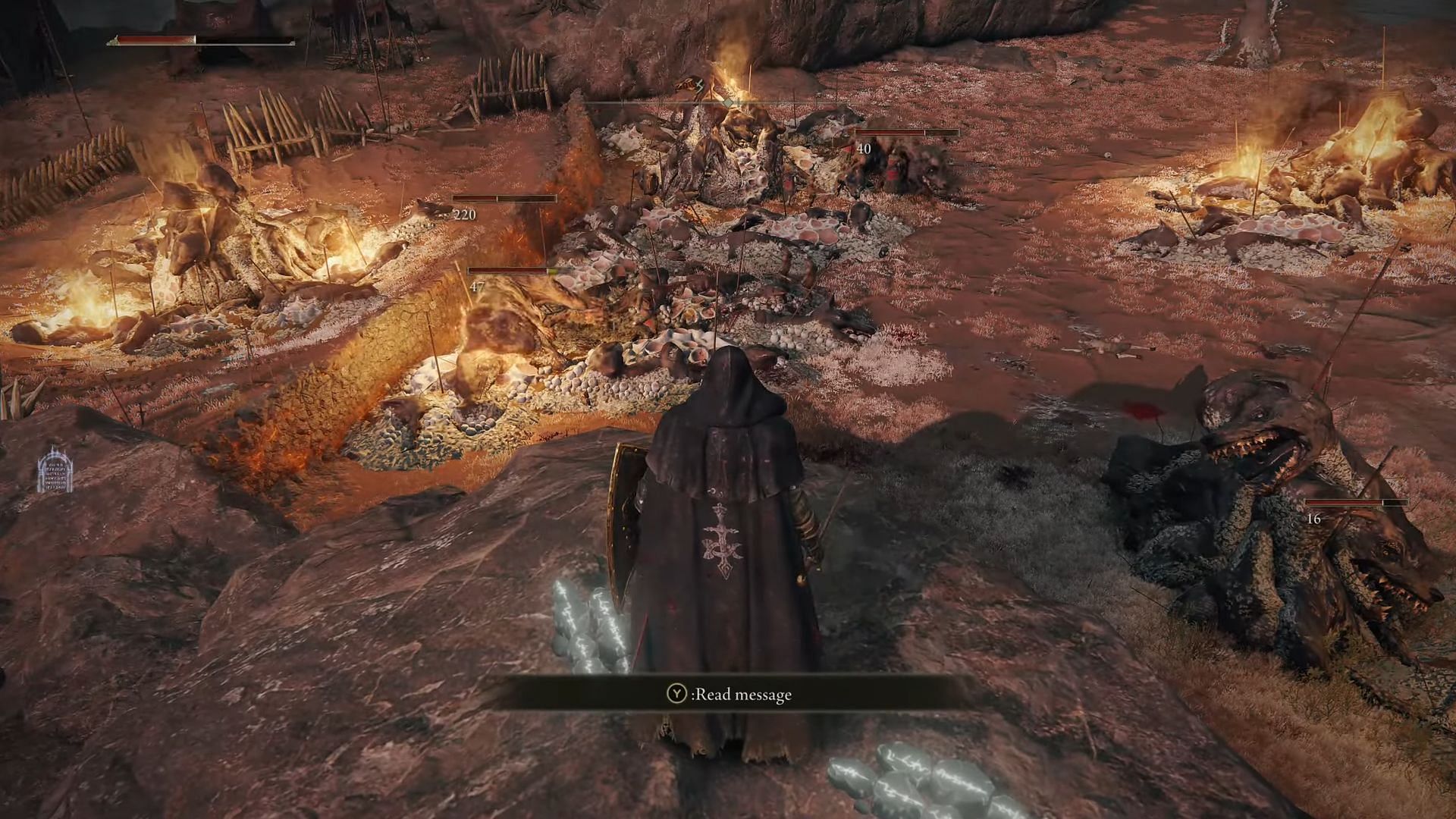 You can stand and observe the fighting near Redmane Castle for easy runes (Image via FromSoftware || YouTube/Troy Monk)