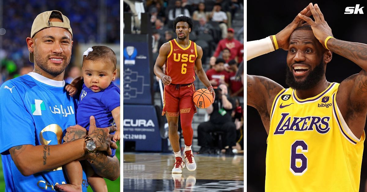 Neymar, Bronny James and LeBron James (from left to right)