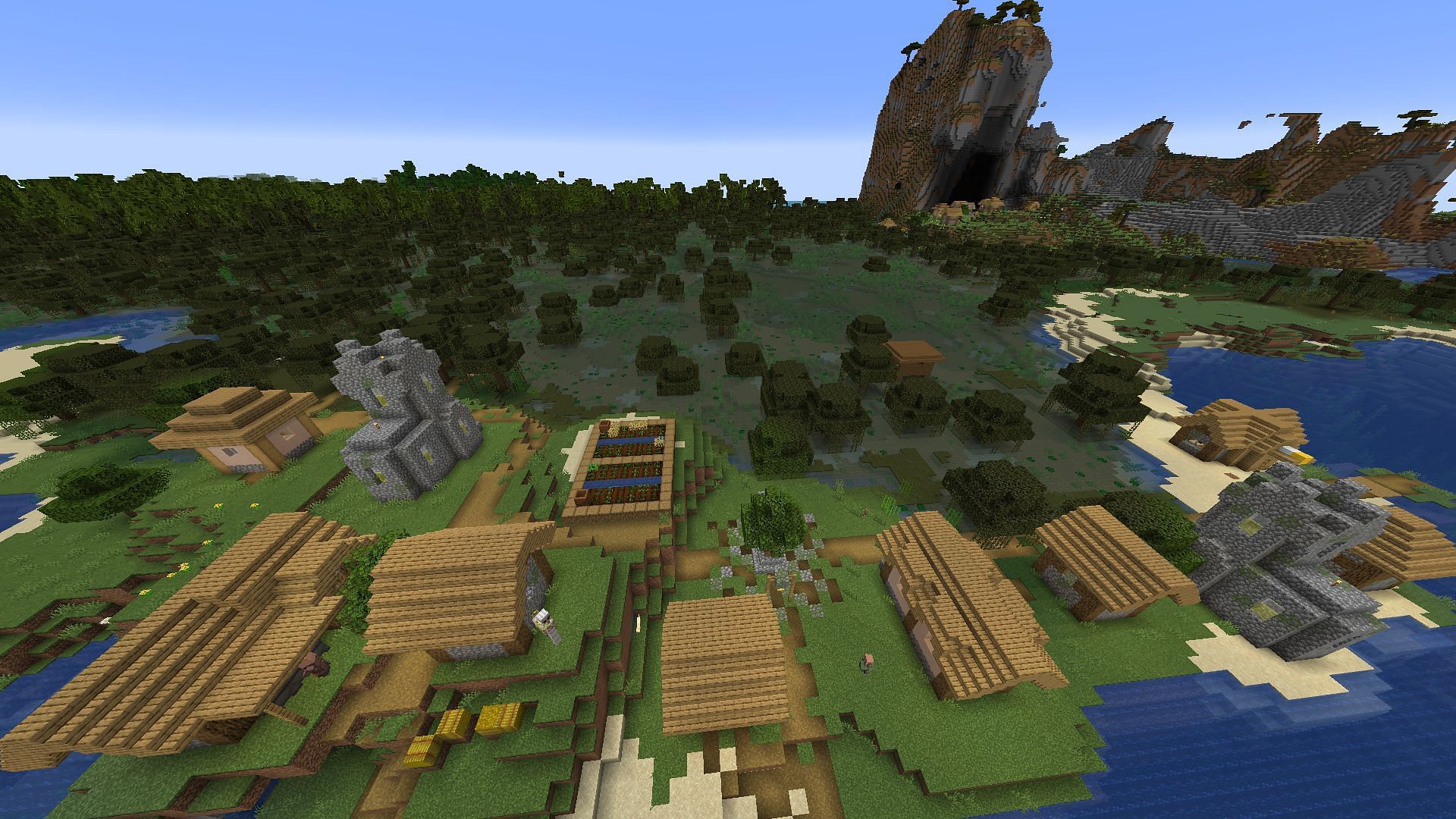 Multiple villages and structures can be found near this Minecraft seed&rsquo;s swamp (Image via Mojang)