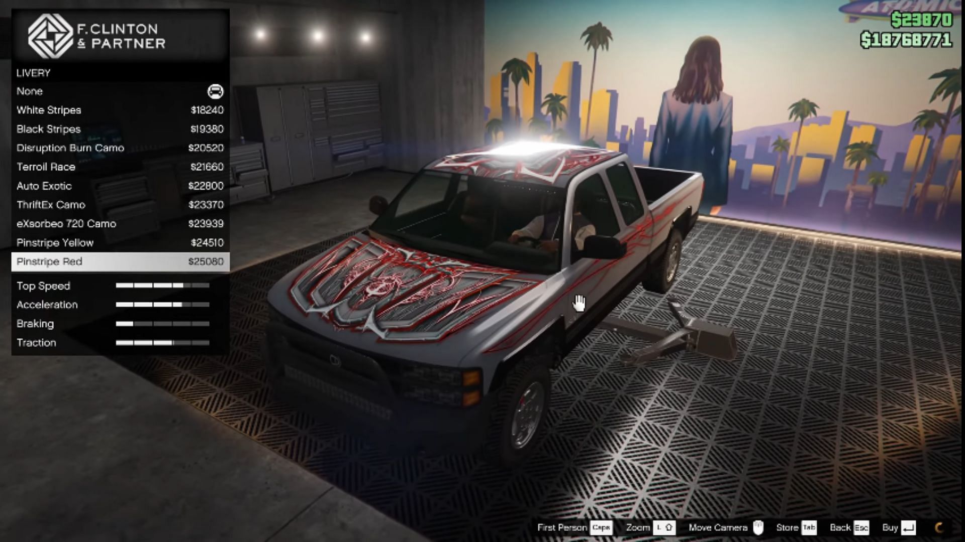 The new GTA Online Bottom Dollar Bounties car with Pinstripe Red livery (Image via YouTube/HarmNone)