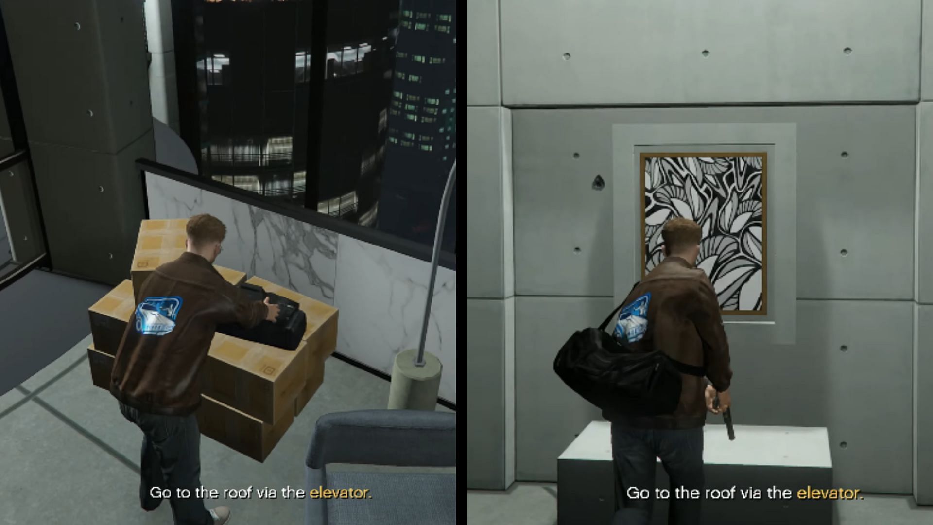Take this bag (left) and then steal the painting (Images via Rockstar Games || YouTube/GTA Series Videos)