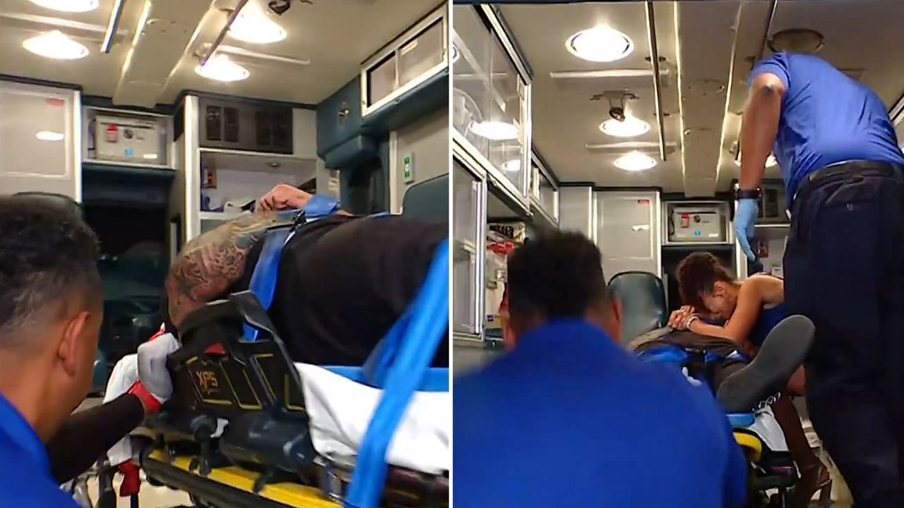 Ricochet being loaded into an ambulance (via WWE
