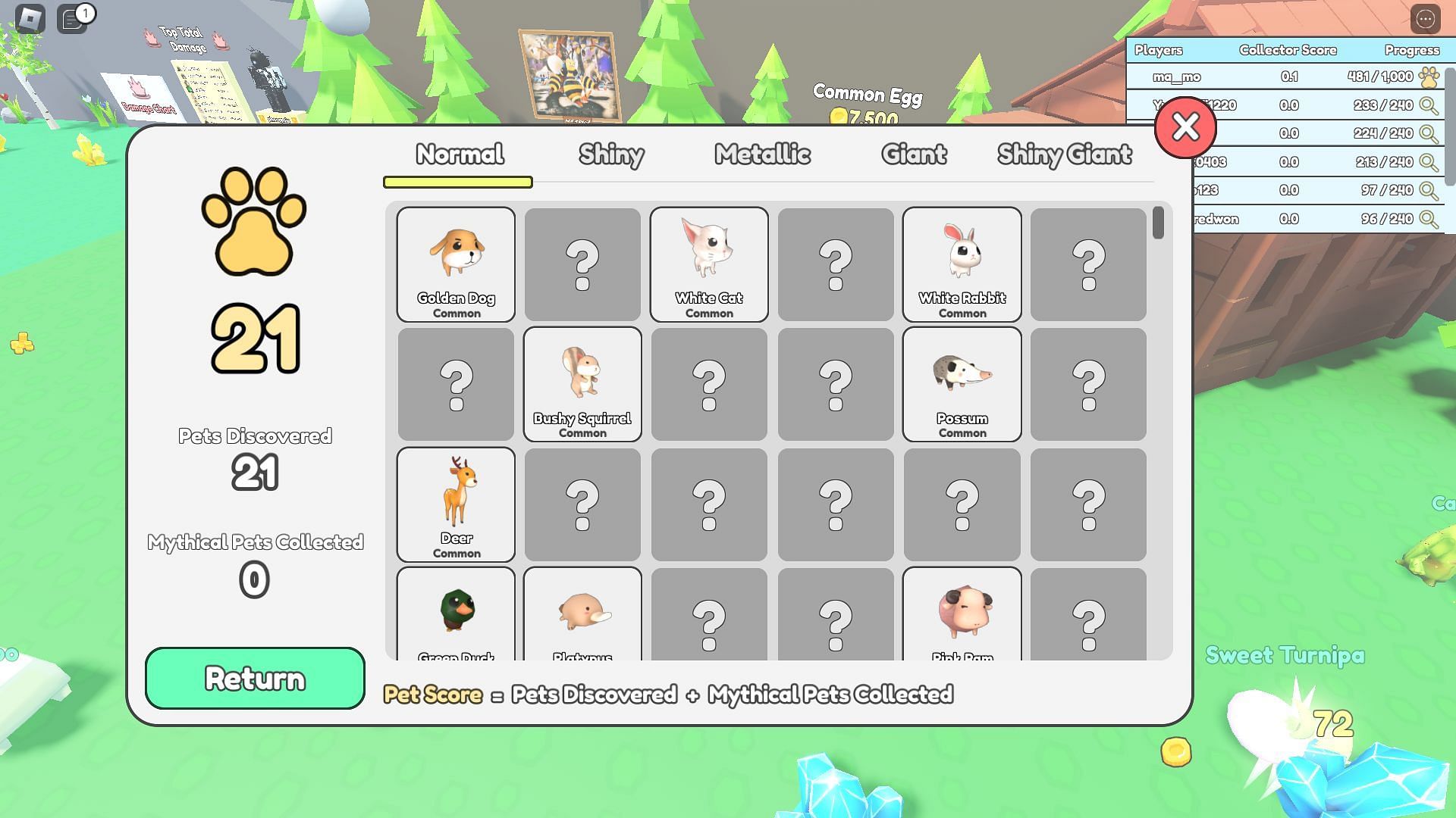 Pet Score can be sen in the Pets screen (Image via Roblox)