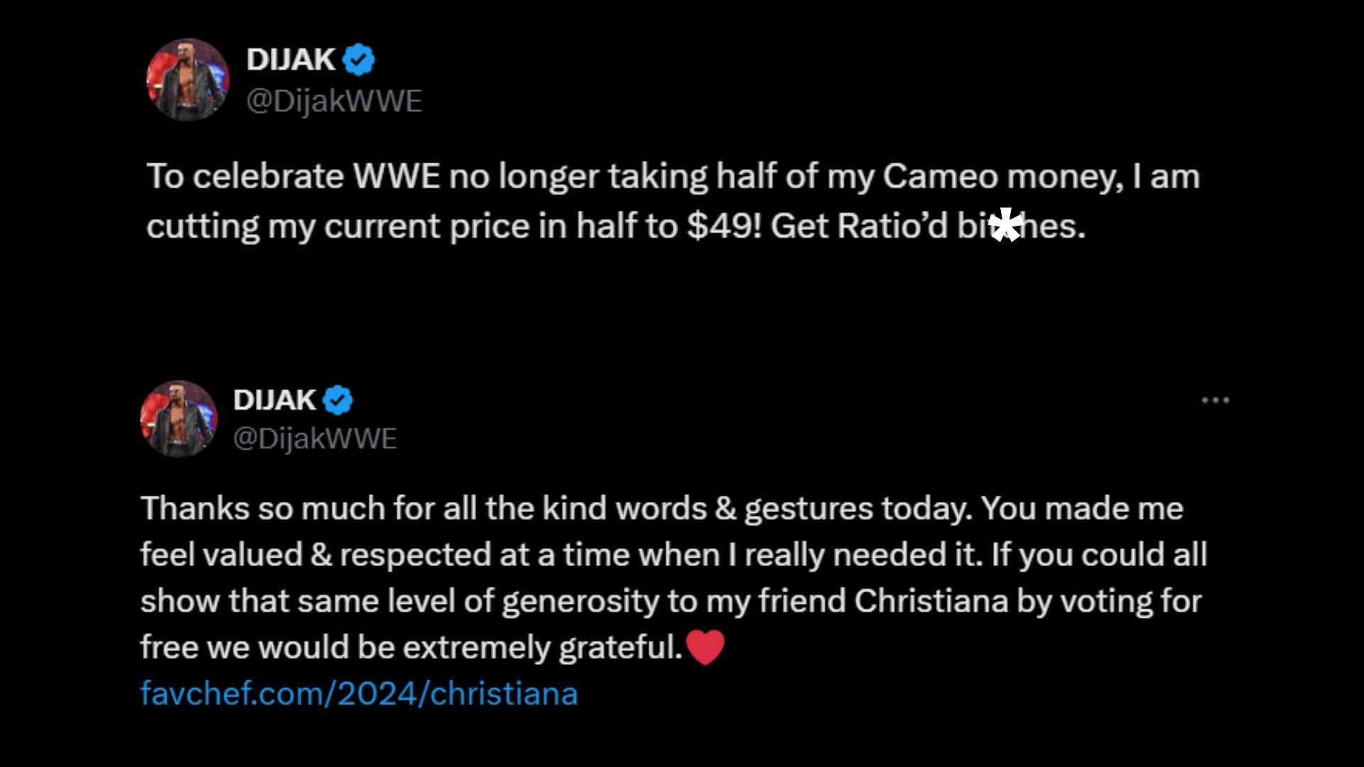 Screenshots of Dijak&#039;s tweets [Image source: star&#039;s X/Twitter handle]