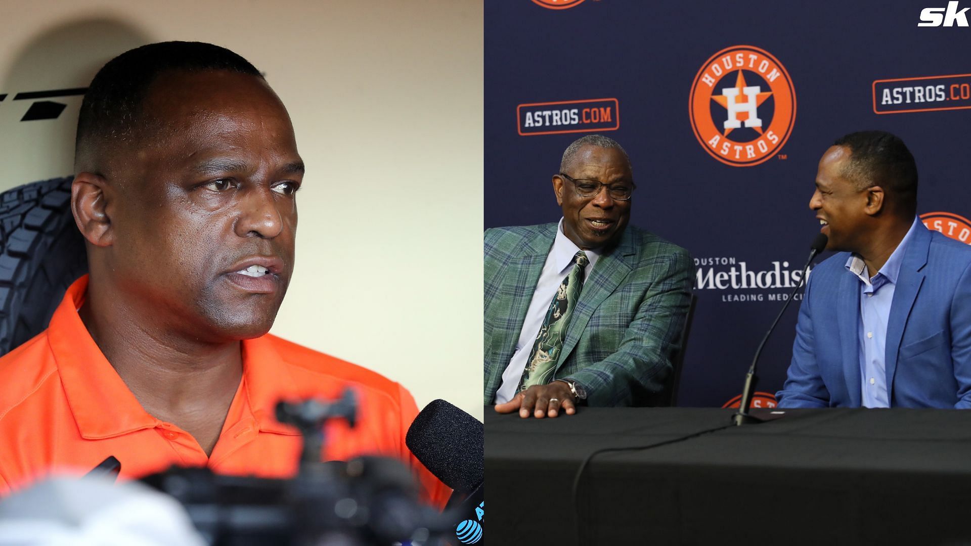 General manager Dana Brown of the Houston Astros, with Dusty Baker Jr. at a press conference announcing his retirement as manager from the team at Minute Maid Park